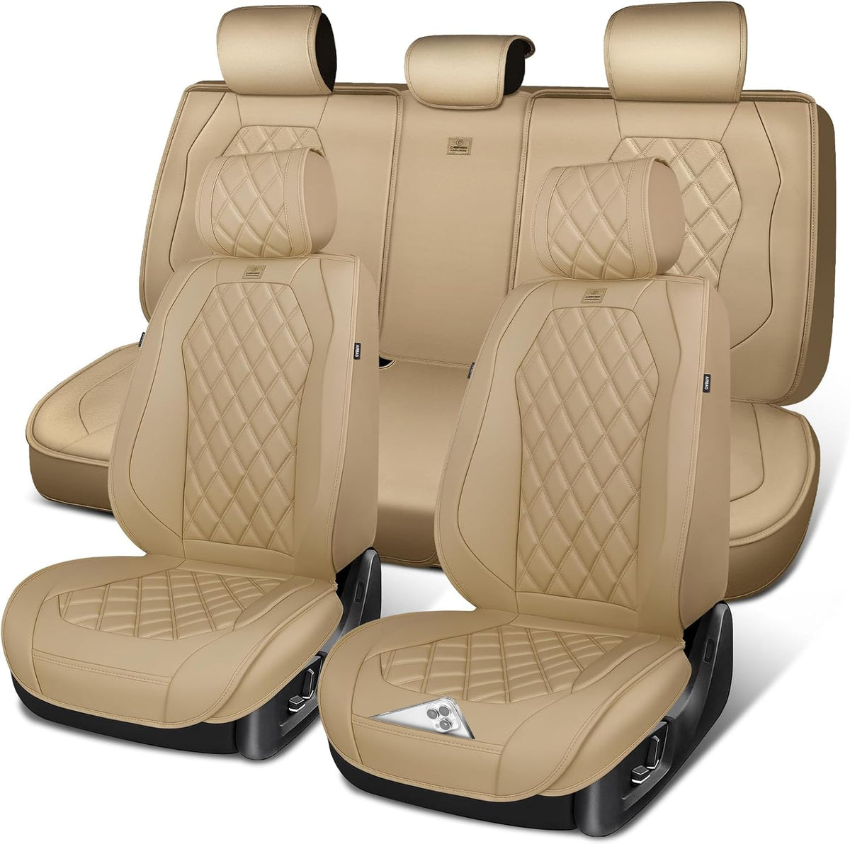 CAR PASS Luxury Nappa Leather Seat Covers Full Set, 3D Rhombus Waterproof Faux Leather Seat Covers, Universal Automotive Seat Cushion Fit for Most Sedan SUV Truck Van, Airbag Compatible Beige