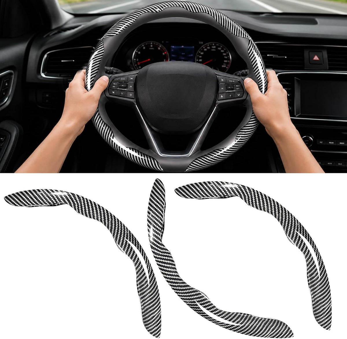 3pcs Universal Carbon Fiber Steering Wheel Cover, Anti-Slip & Segmented Design, Non-Slip Grip for Universal Cars for Men and Women,Interior Accessories for Cars Trucks (Black)