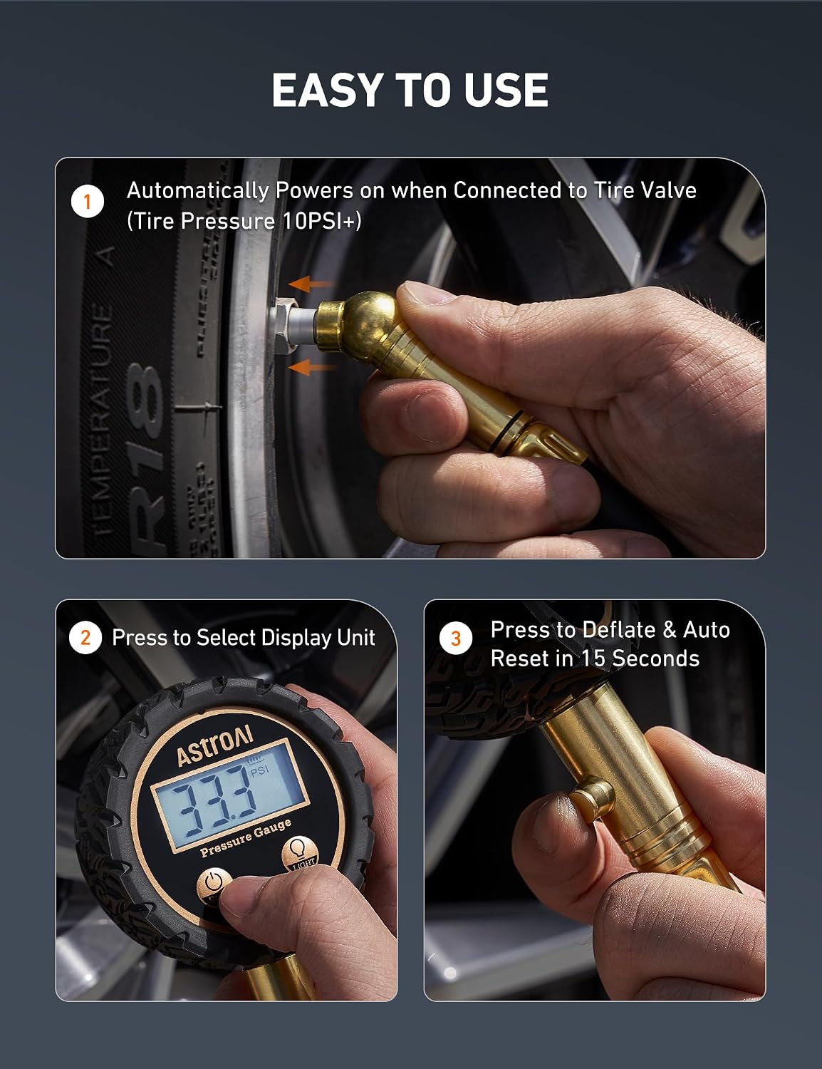 AstroAI Pro Digital Tire Pressure Gauge 3-250PSI ANSI B40.7 Grade 2A (±0.5%), Tire Gauge for Tire Pressure, Solid Brass with Rubber Hose, Air Bleeder Valve and Backlit LED, Car Accessories, Gold