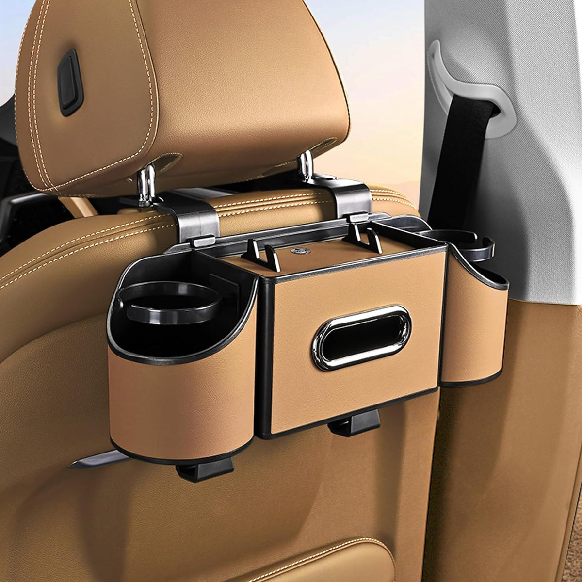 Back Seat Car Organizer,4 in 1 Multifunctional Car Back Seat Storage Box with Drink Cup Holder Tissue Box, for Hold Phone,Snacks, Drinks, Handbag-Black-2Packs