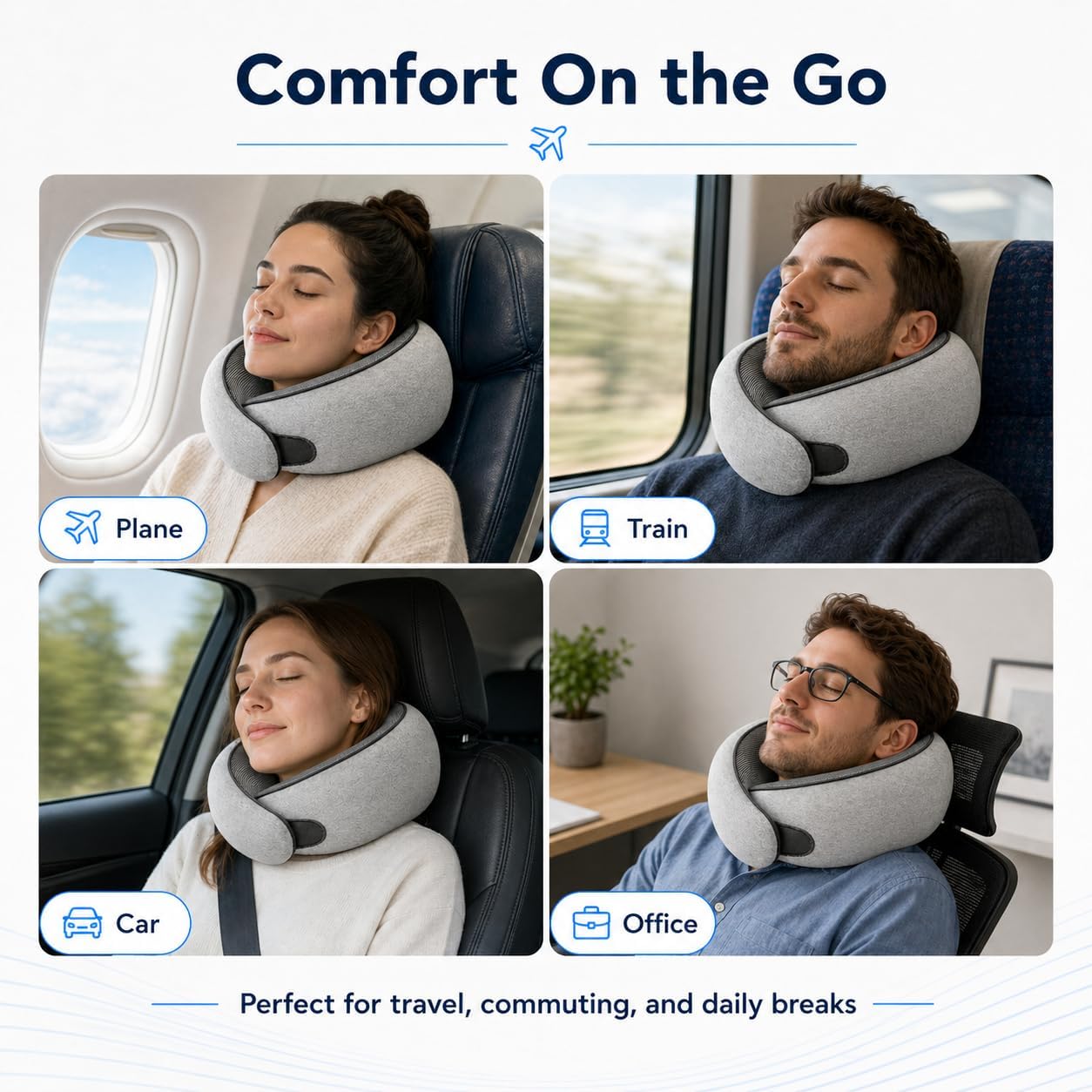 Purroch G-Shape Memory Foam Travel Neck Pillow - 100% Pure Foam Ergonomic Support with Eye Mask & Ear Plugs for Airplane Flights, Car Trips & Office Naps, Medium Gray