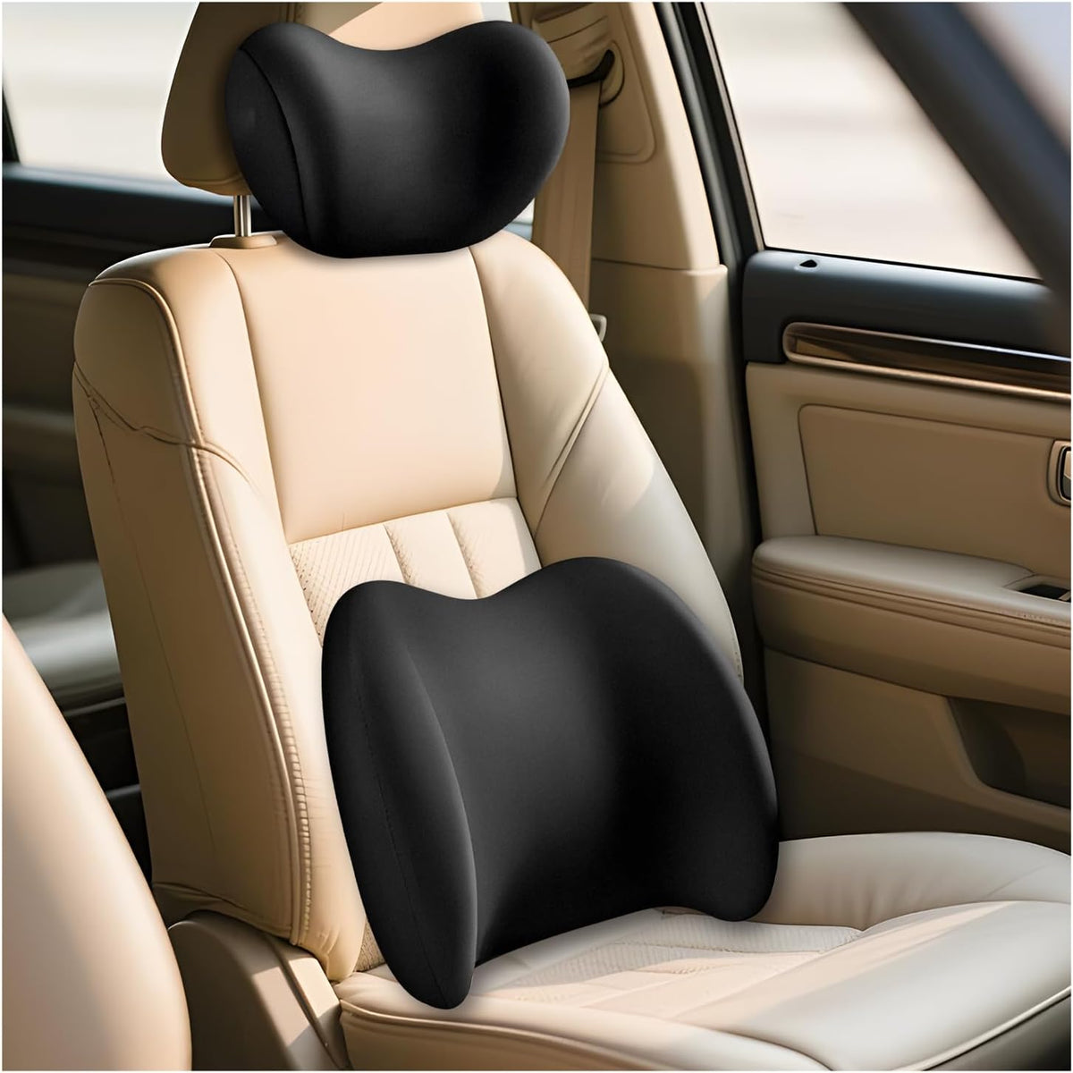 2 PCS Car Headrest & Lumbar Support Cushion, Breathable Memory Foam Auto Neck Lumbar Support Pillow w/Adjusatble Strap, Ergonomic Vehicle Seat Headrest Neck Rest Cushion (Dark Gray)