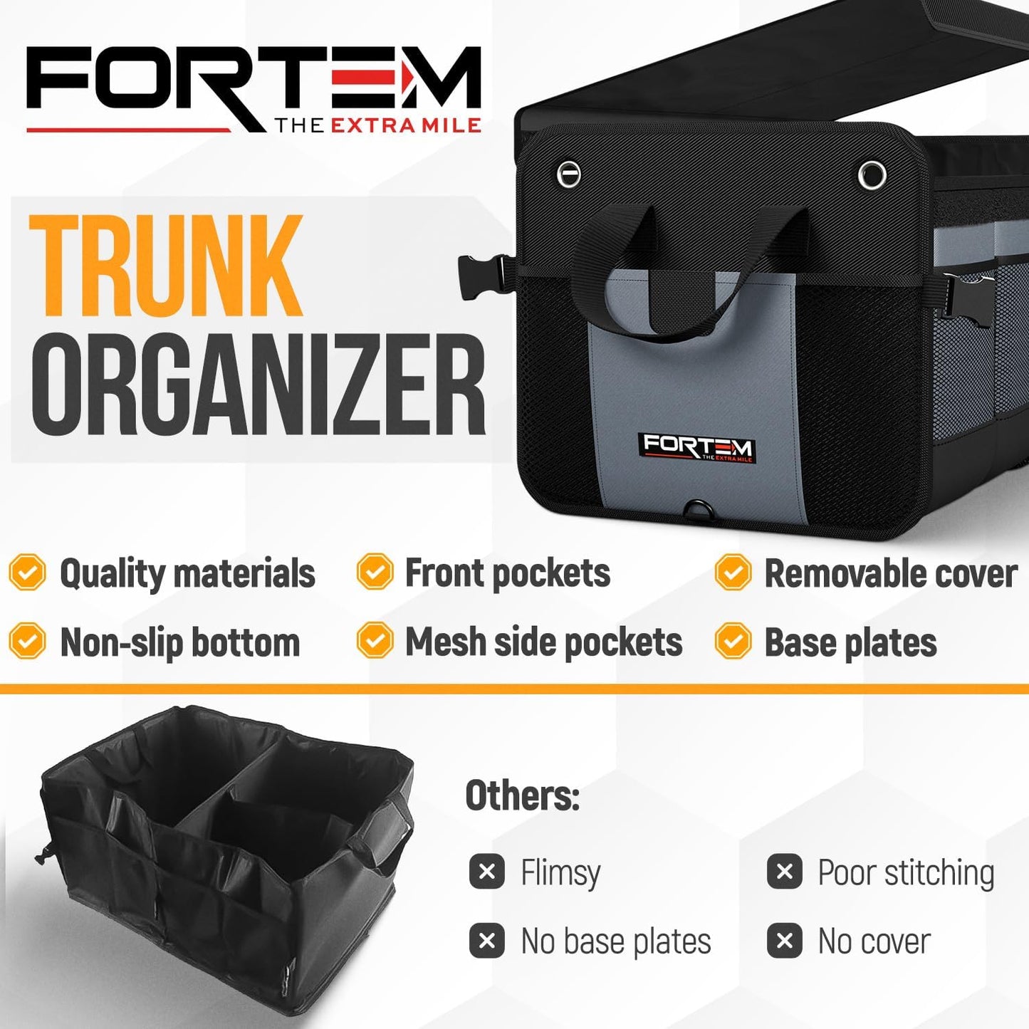 FORTEM Trunk Organizer For SUV Car Organizer and Storage, Multi-Compartment Storage Bag Car Accessories for Women Men, Perfect Christmas Gifts, 1680D Oxford, Non Slip Bottom, Straps, Soft Cover (90L)