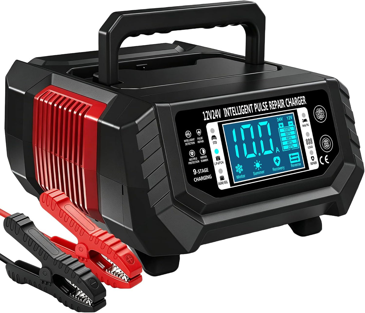 Car Battery Charger 15-Amp 12V/24V Smart Trickle Charger Fully Automatic