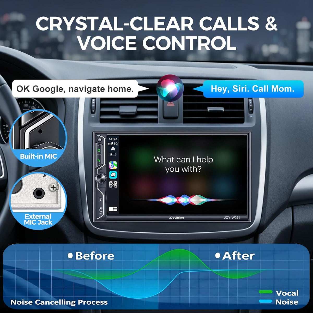 SJoyBring 7" QLED Double Din Car Stereo Compatible with Wireless Apple CarPlay & Android Auto, 240W 4.2CH Dual Subwoofer Out, Dash Cam & Backup Camera Included, Bluetooth, Mirrorlink, FM/AM Car Radio