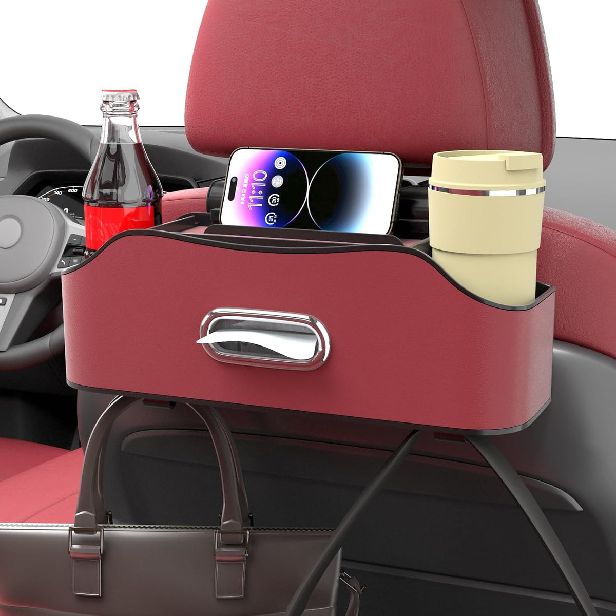 Back Seat Cup Holder for Car – Multifunctional Seat Back Organizer with Drink Holders, Tissue Box Storage & Hooks, Fits Headrest for Auto. (Orange)