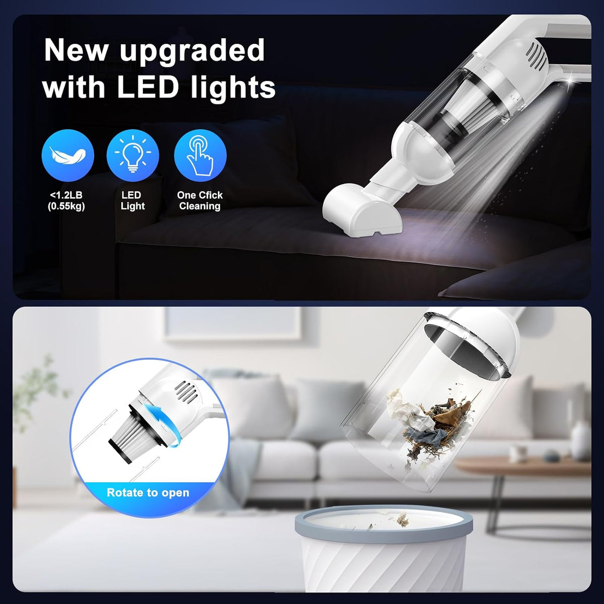 2-in-1 Cordless Handheld Vacuum, 10000Pa, LED Light for Car & Home
