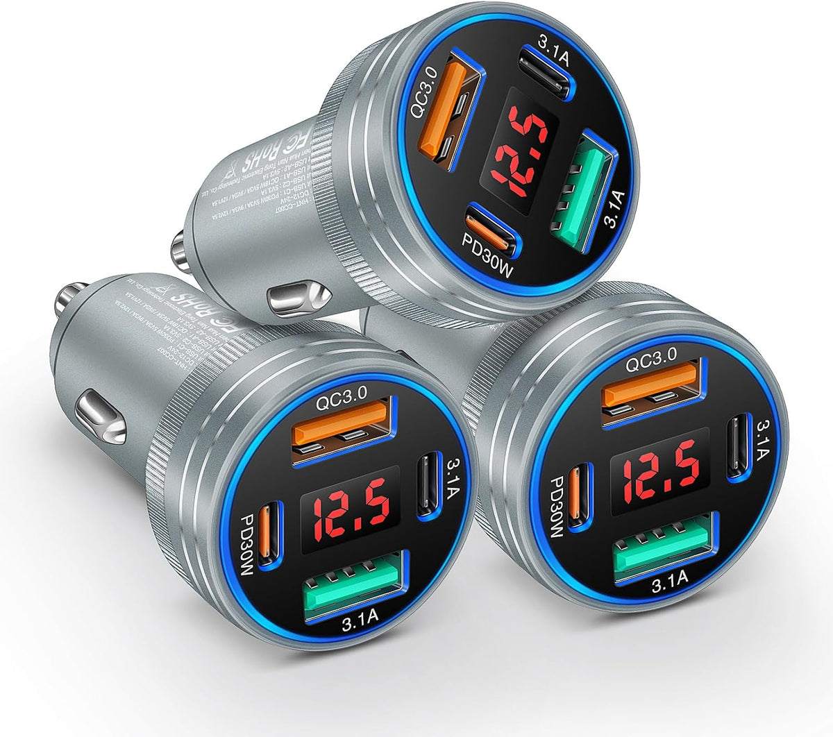 USB C Car Charger, 65W 4-Port Voltage Display Cigarette Lighter USB Charger