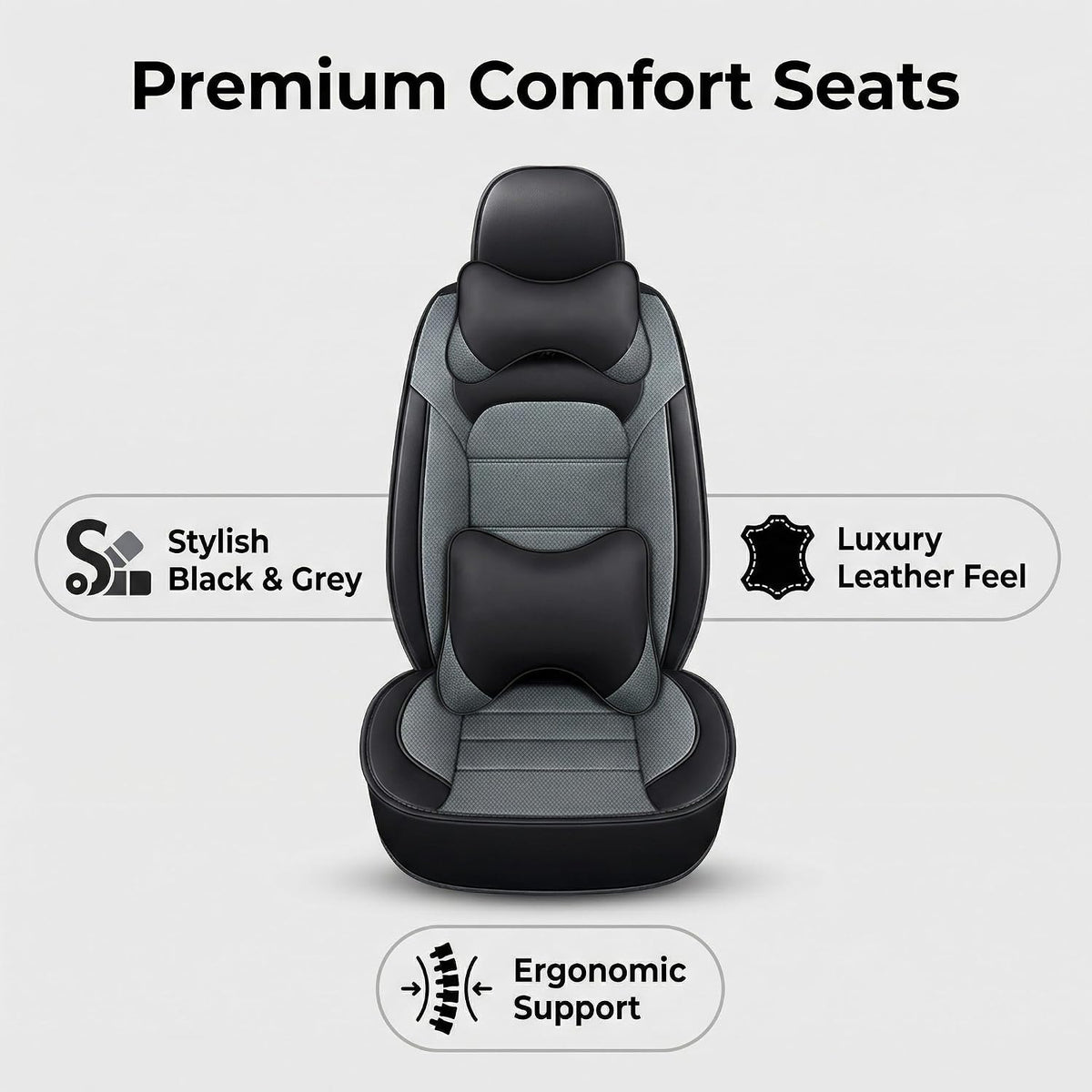 YQ FU Leather Seat Covers Black Gray Full Set w/ 2 Pillows Universal 2 Row