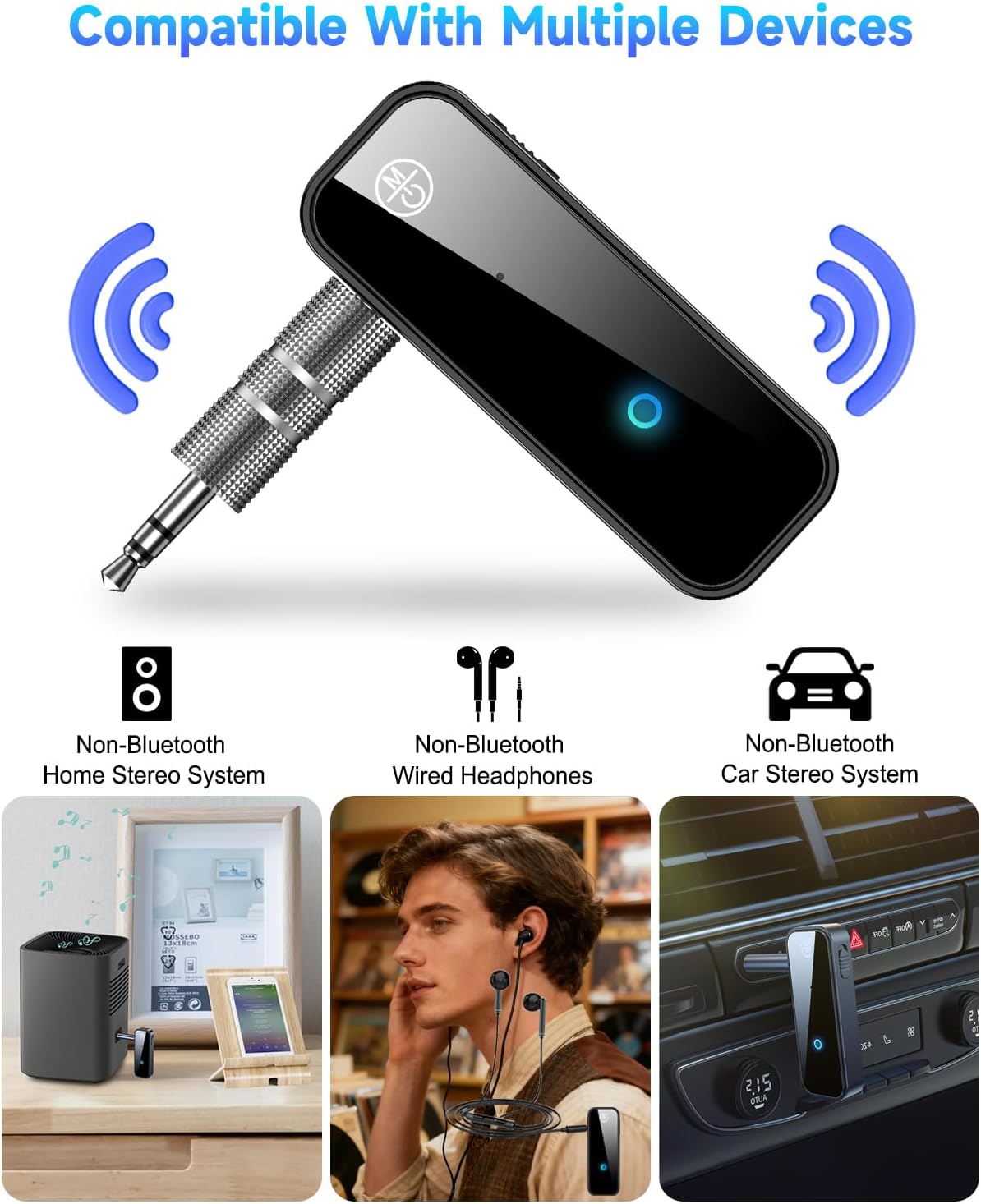 Upgraded AUX Bluetooth 5.4 Adapter for Car, 2 in 1 Wireless Bluetooth Transmitter and Receiver, 3.5mm Jack Wireless Audio Adapter Dongle for PC, TV, Headphone, Car, Home Audio Speaker, Hands-Free Call