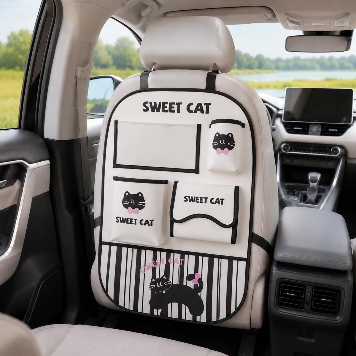 YUNZLAN Leather Backseat Car Organizer, Kick Mats Back Seat Protector with Touch Screen Tablet Holder Back Seat Organizer for Kids with 4 Storage Pockets Travel Accessories (PinkPinkCat)
