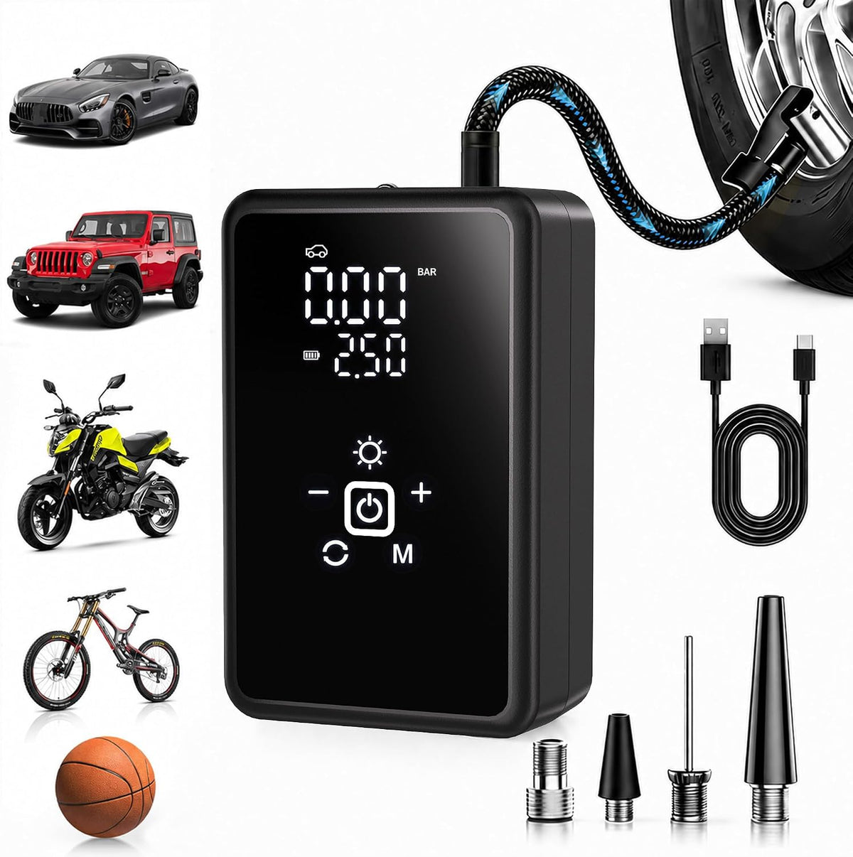 Tire Inflator Portable Air Compressor, 120PSI Cordless Air Pump with Digital Gauge, LED Light & Window Breaker for Car, Bike, Balls & Inflatables