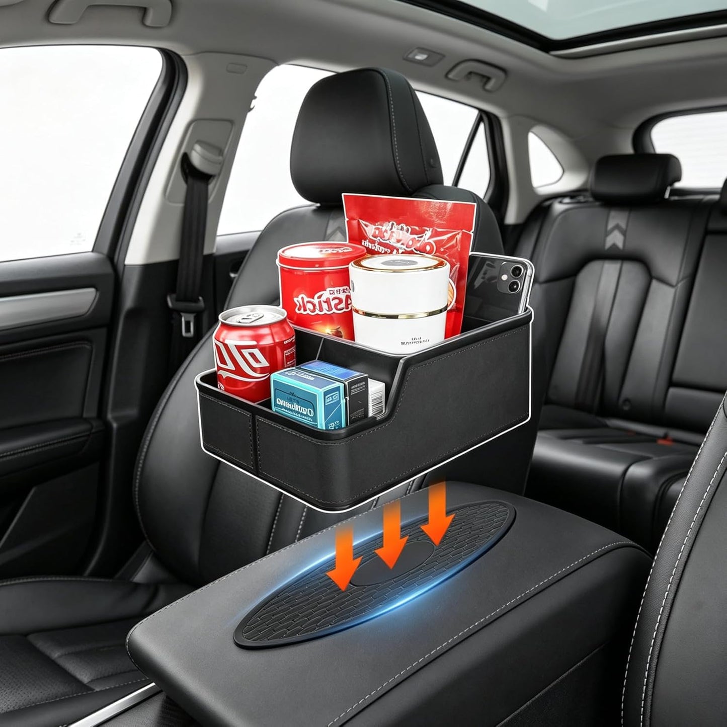 Car Storage Organizer Between Seats,Center Console Armrest Storage Box Back Seat Organizer with Small Compartment Car Interior Storage Box,Cup Holder Tray with Non-slip Mat(Black)