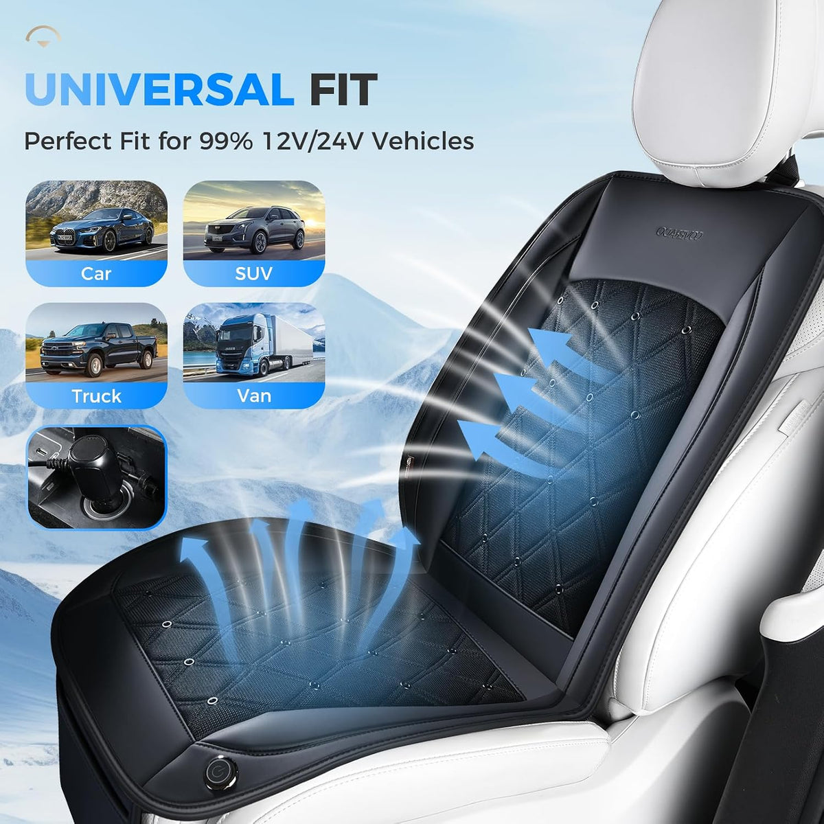 Coverado Cooling Car Seat Cover, 12V-24V Ventilated Front Seat Cushion for Car, 3-Speed Adjustable Seat Cover for Summer Driving Seat, Universal Fit for Car SUV Truck Van