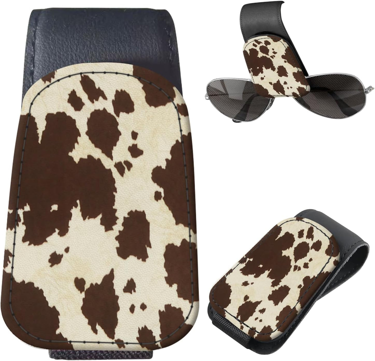Sunglasses Holder for Car Visor, PU Leather Glasses Clip Organizer, Cute Magnetic Eyeglass Holder for Vehicle Sun Visor, Car Interior Accessory for Women & Men Black Sparkle Leopard