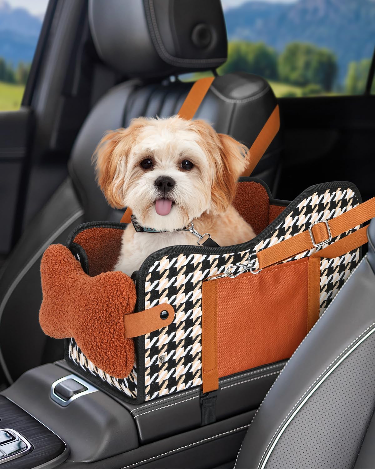 Center Console Dog Car Seat, Pet Car Seat, Armrest Middle Console Booster Travel Carrier for Small Dogs and Cats(Black Leather)