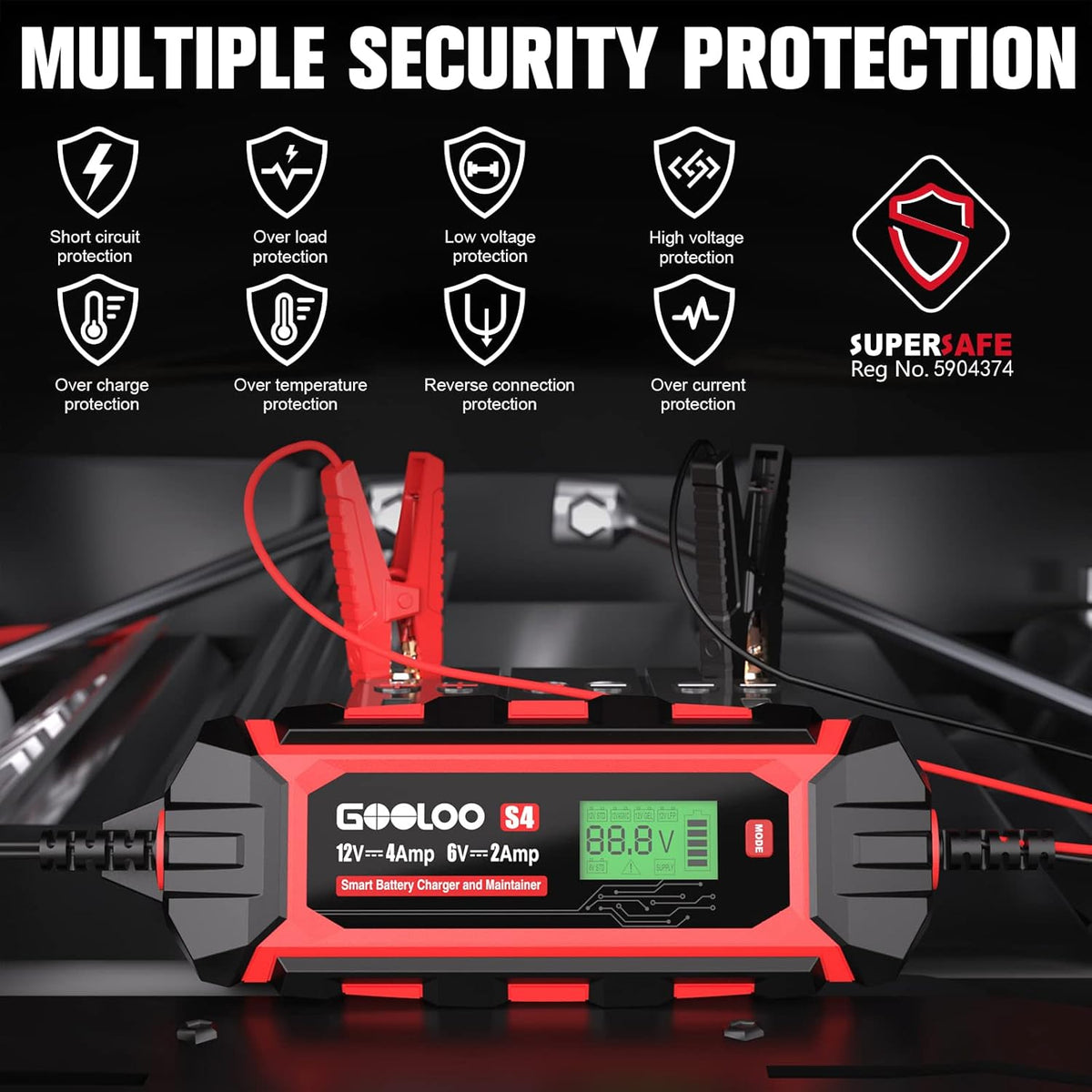 GOOLOO S4 4A Car Battery Charger, 6V/12V Smart Trickle Charger Maintainer