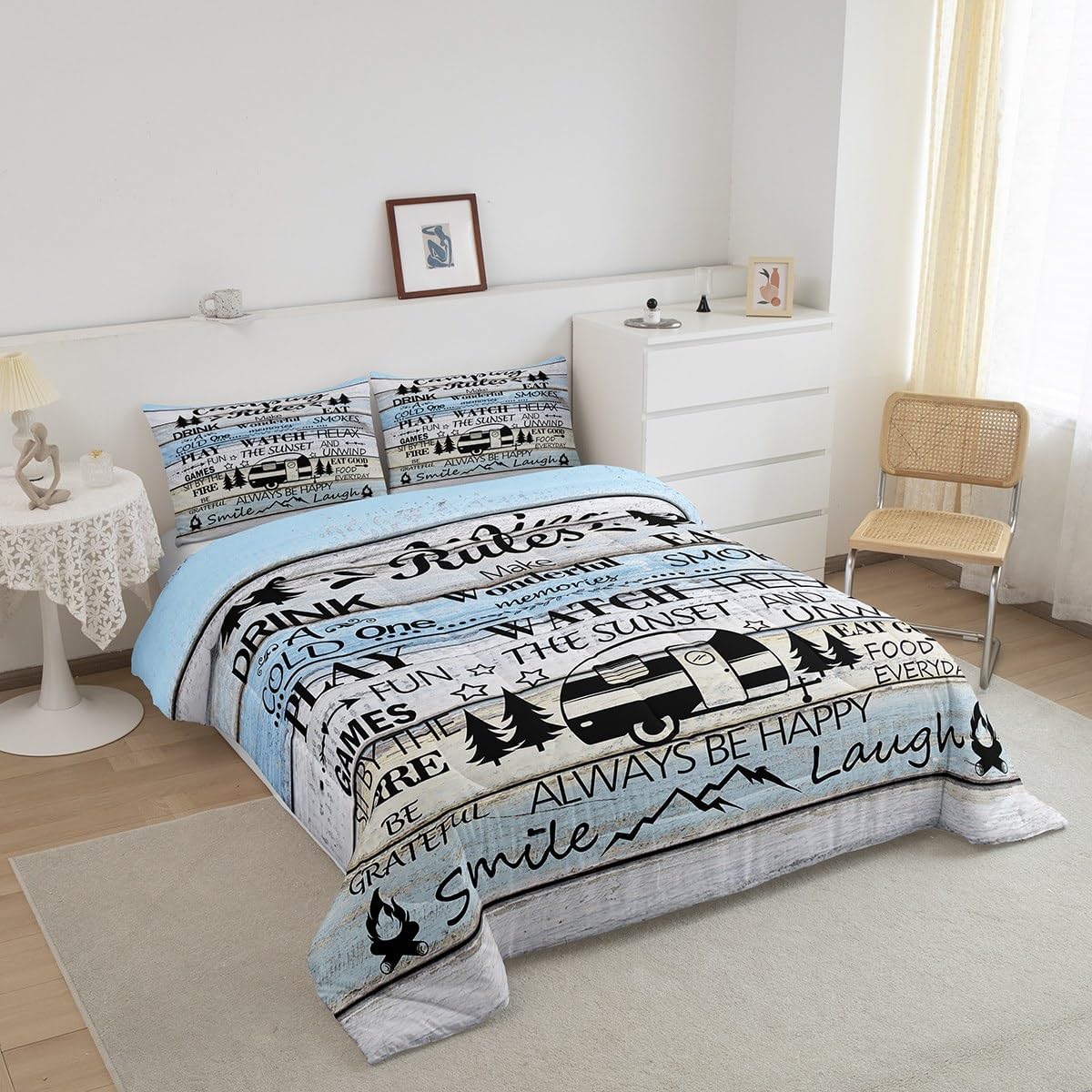 Manfei Rustic Adventure Camper Kids Comforter Set Twin Size,Happy Camping Cabin Lake House Bedding Set,Girls Boys Room Decor,Cottage Wooden Door Quilt Comforter,Country Duvet Insert,1 Pillowcase