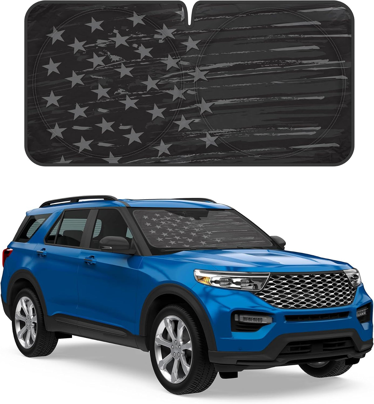 Motor Trend USA Vintage Flag Car Windshield Sun Shade for Front Window, Foldable Car Sun Shade with Patriotic Graphic, Collapsible Sun Visor Sunshade for Cars Windshield (Medium, 65 x 33 inches)