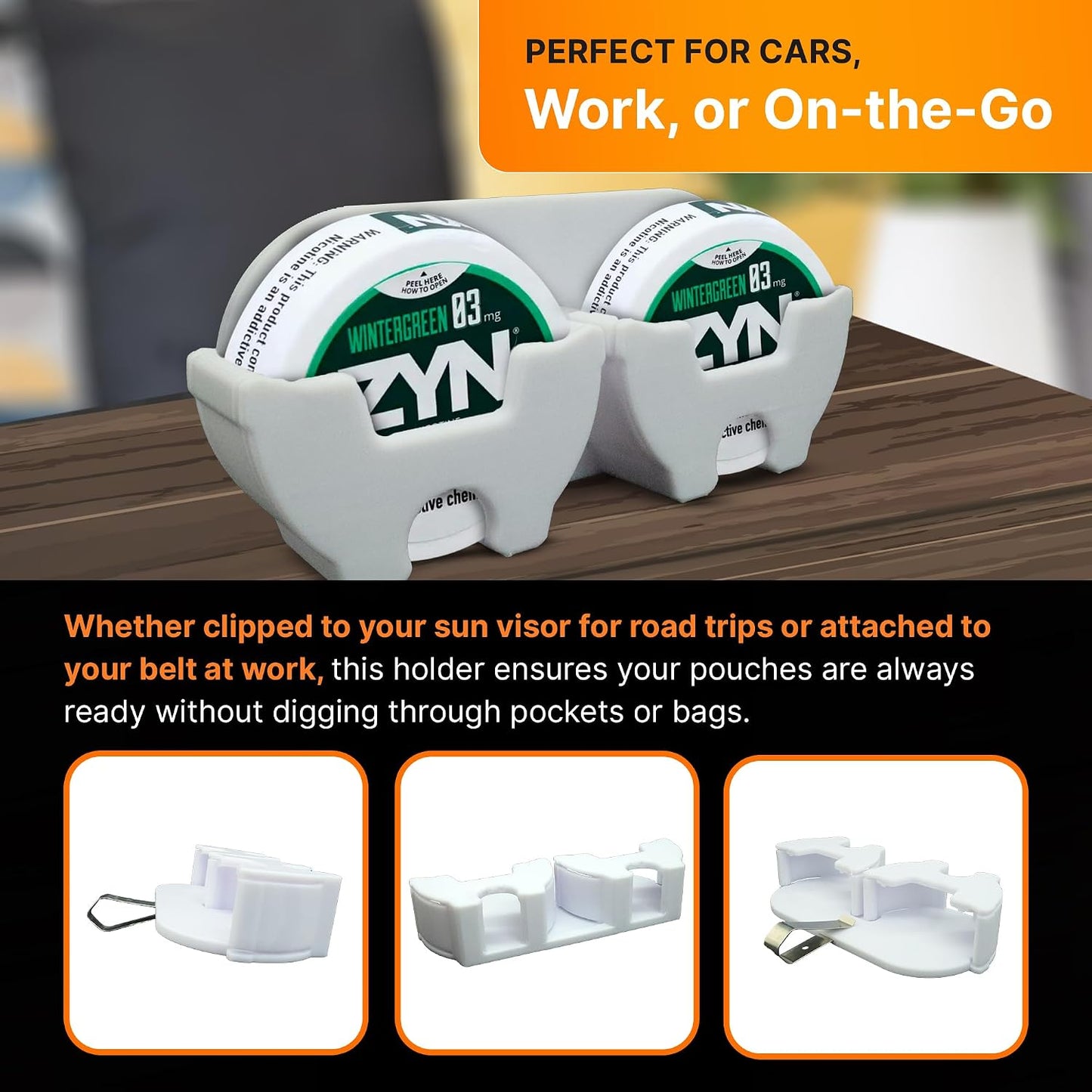SplashNColor 2 Pack ZYN Holder for Car Visor, Belt & Bag Clip | Dual Can Tin Holster Organizer for Quick Access | Compact EDC Carry