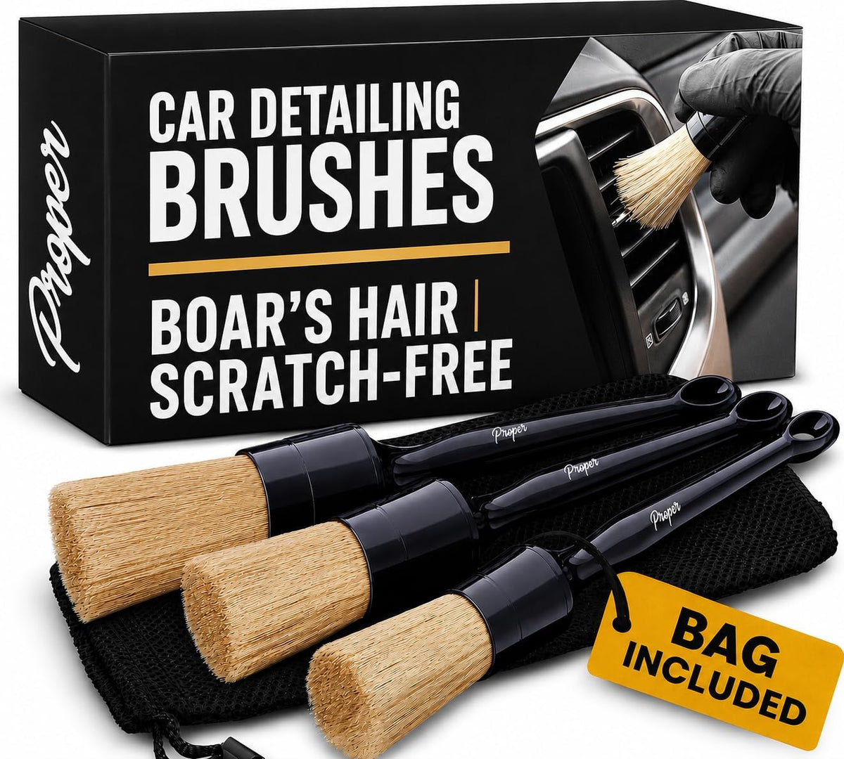 Premium Car Detailing Brush Set - Complete 6 Pack Kit - 2 Boar's Hair, 2 Ultra Soft, 2 Synthetic Bristles - Car Detail Brush for All Surfaces, Leather Seats, Air Vents, Wheels & Emblems, and More