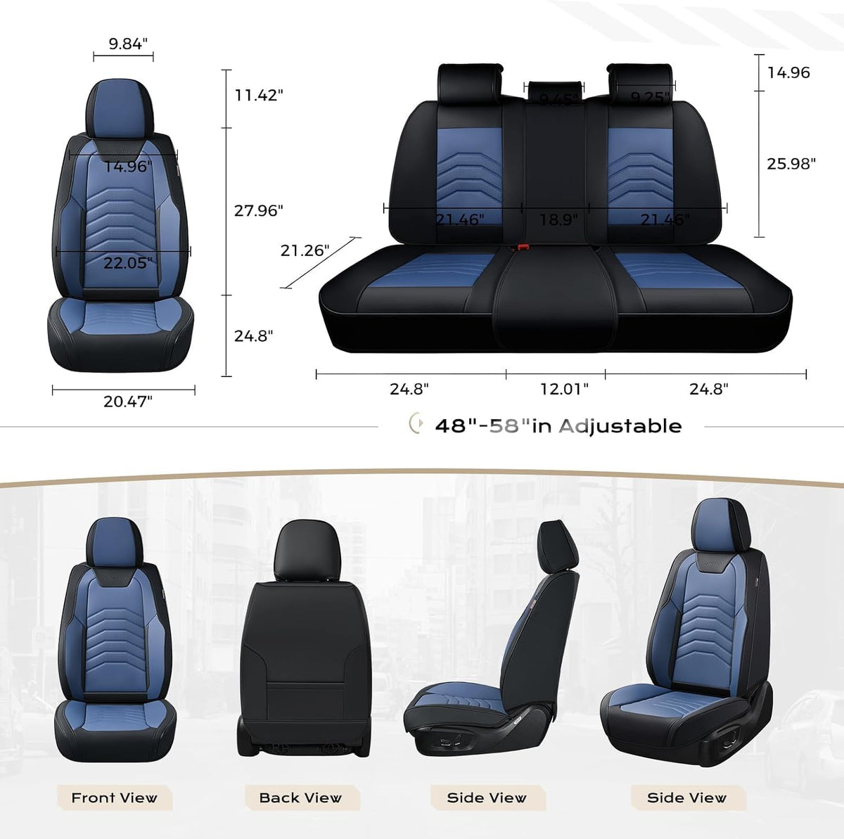Coverado Car Seat Covers Full Set, Universal Seat Covers for Cars, Car Seat Protector Waterproof, Nappa Car Seat Cushion, Car Seat Covers Front Seats and Back Fit for Most Cars Trucks SUV, Black&Blue