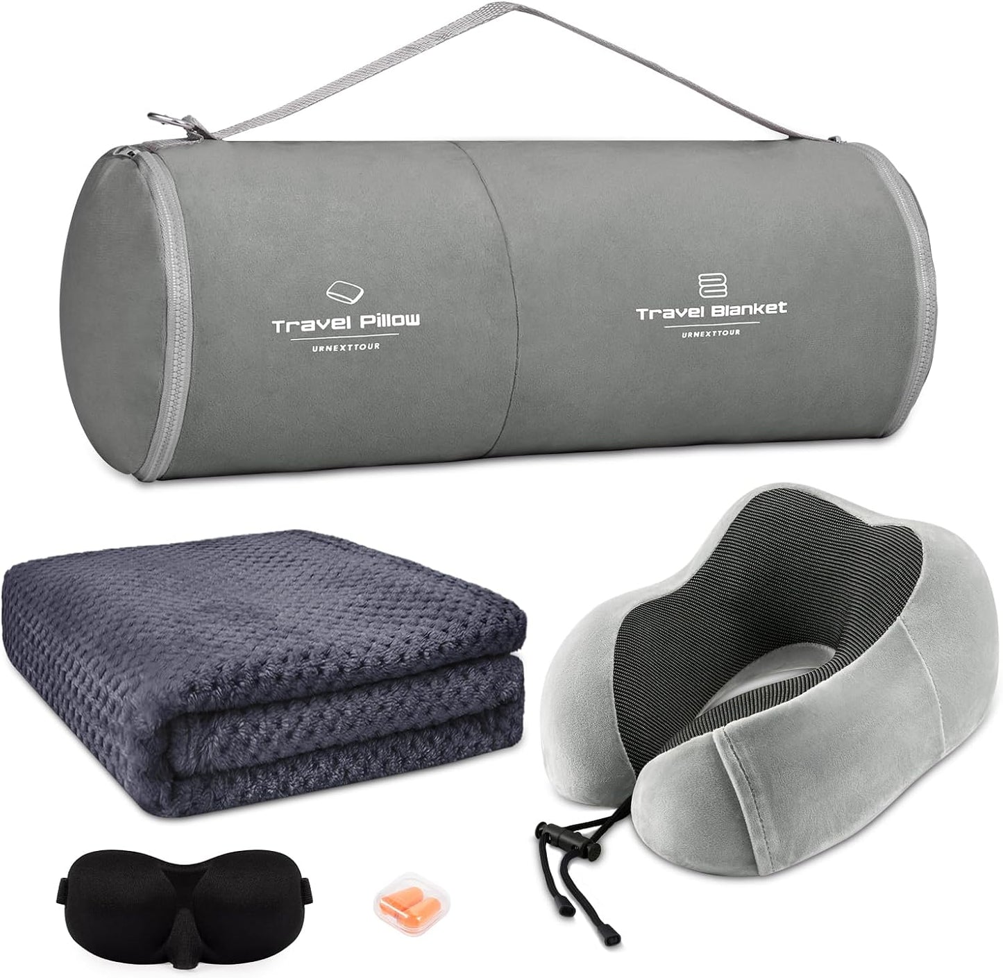 urnexttour Travel Pillow and Blanket Set Neck Pillows Travel Essentials with Sleep Mask for Airplane Car Memory Foam Green