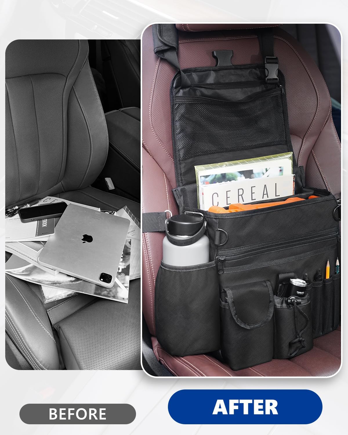 FifthQuarter Car Organizer Front Seat: Portable Large Capacity Car Organizers and Storage With Laptop Storage Adjustable Strap Seat Organizer Universal For Police | Driver | Office | Travel | Truck