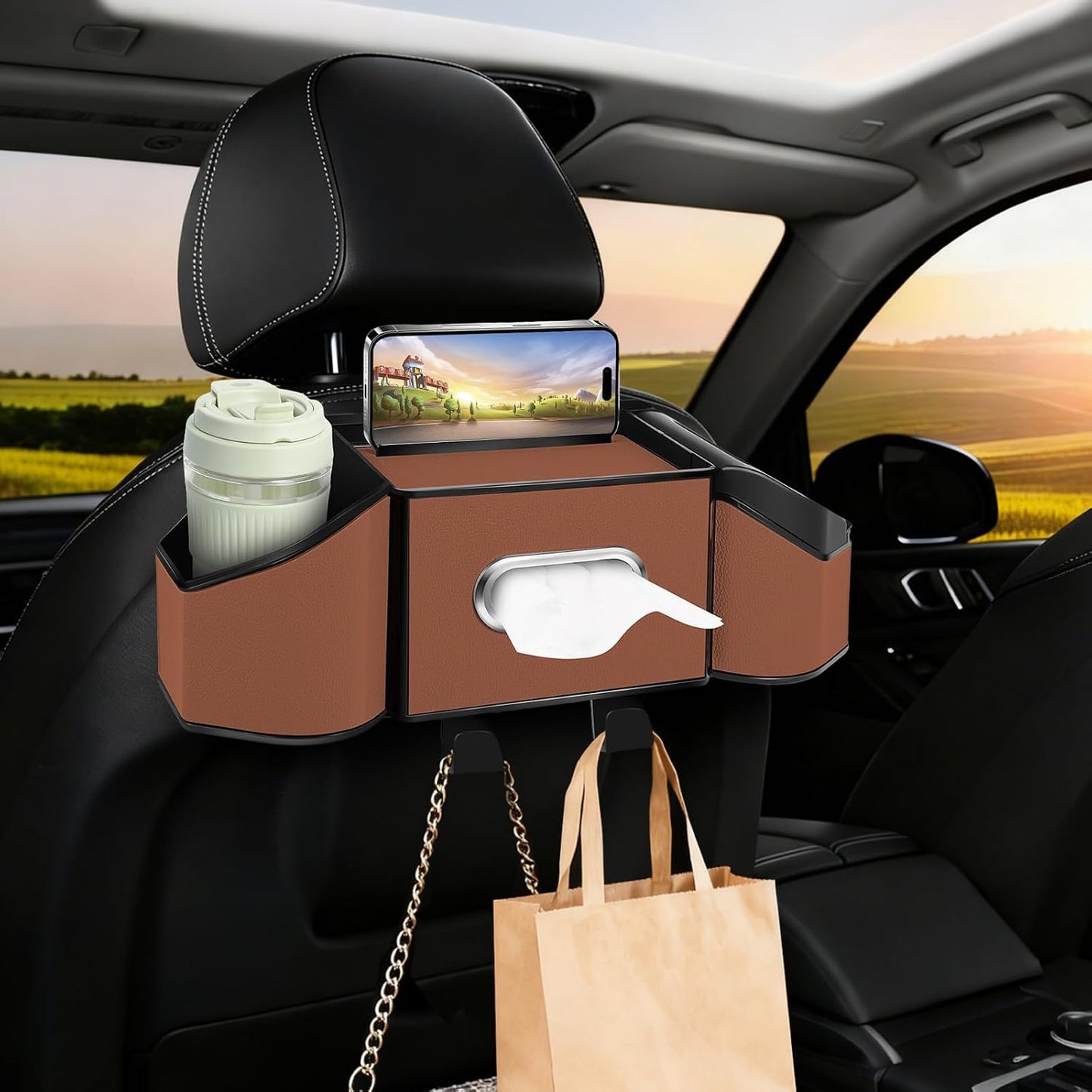 7-In-1 Car Seat Back Organizer with Cup Holders, Tissue Box, Removable Trash Can & Hooks, Multifunctional Car Seat Back Storage Box, Extra Headrest Cup Holder for Backseat (Black02)