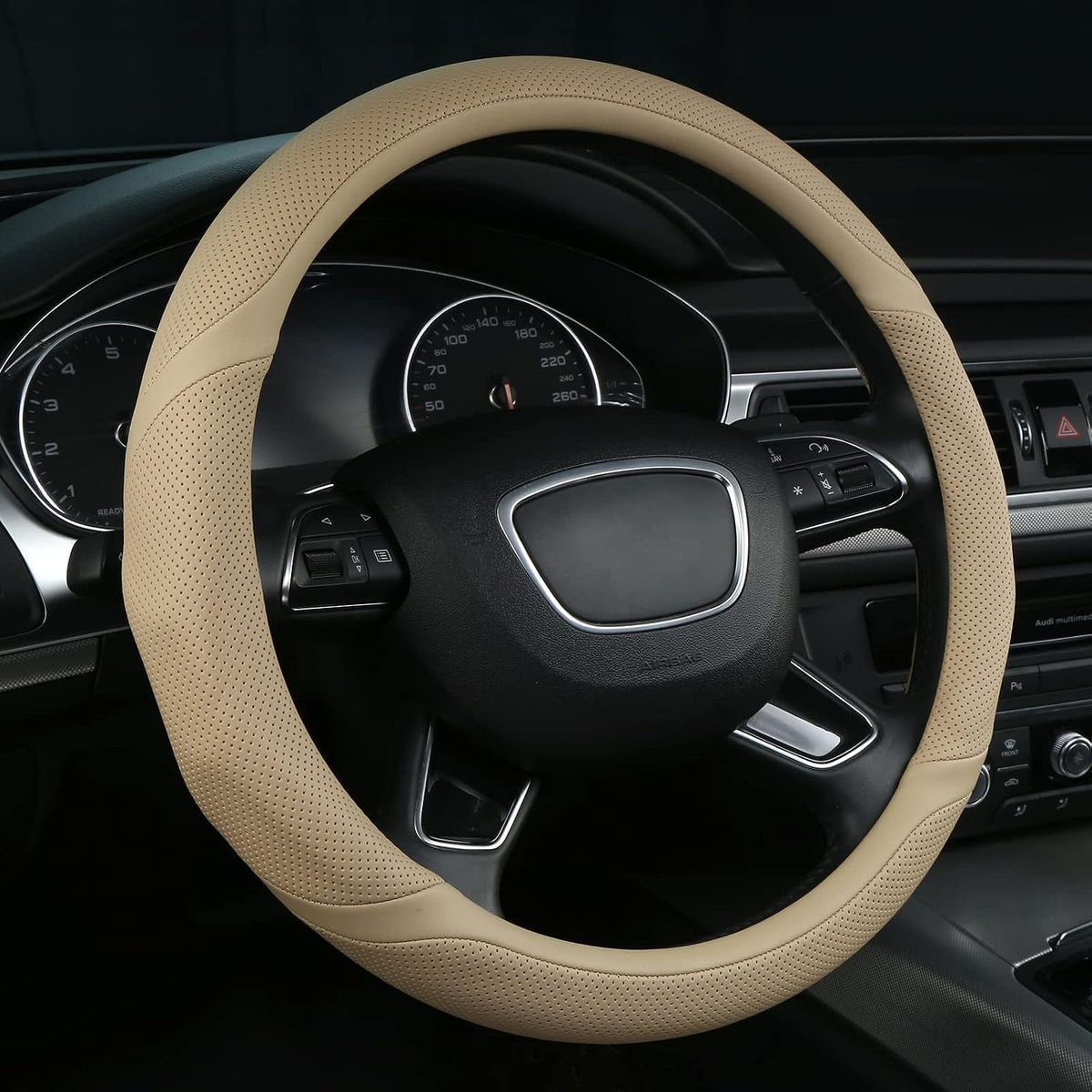 ALEMODR Brown Leather Steering Wheel Cover Universal 15 inch