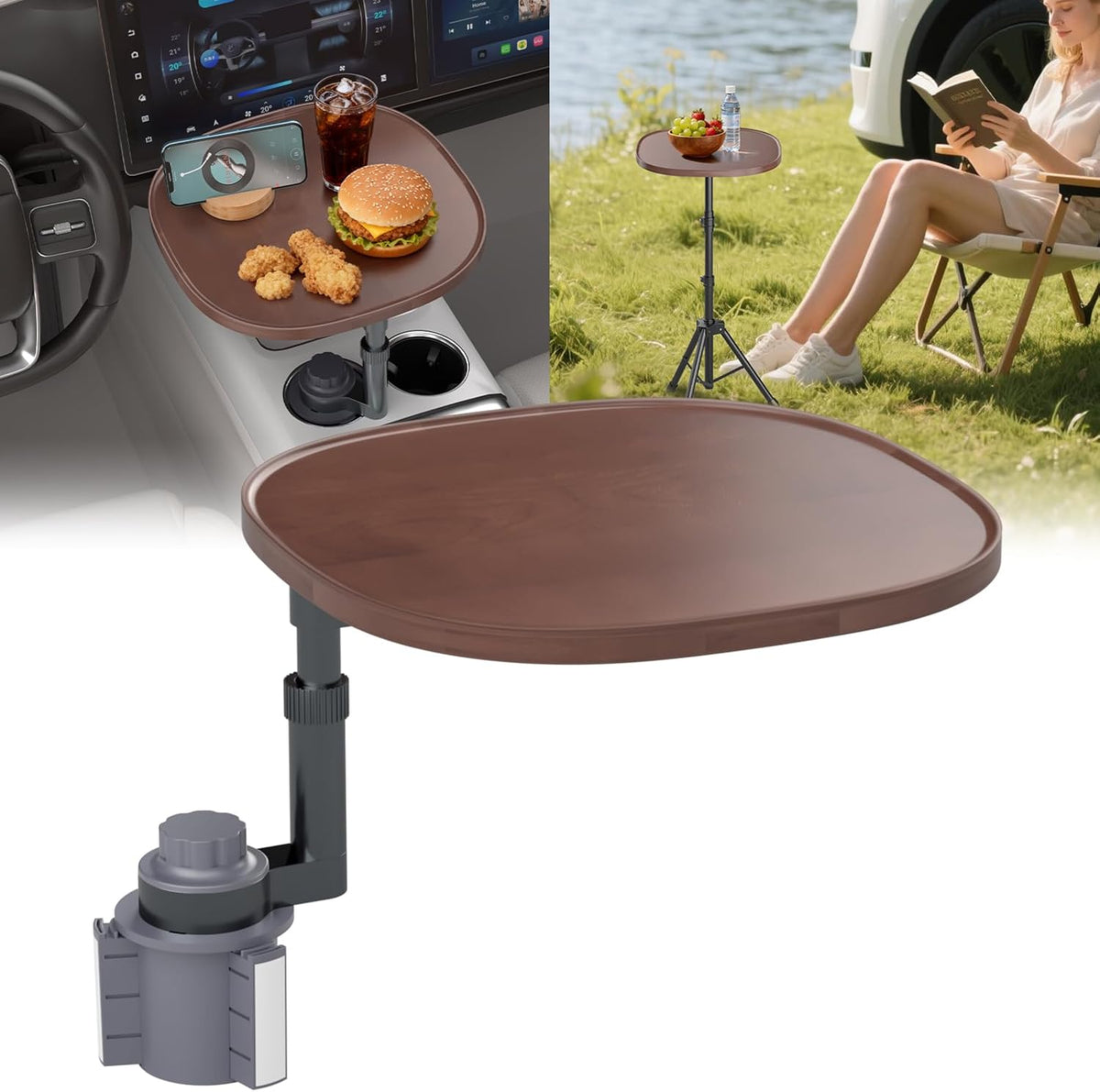 Car Tray Table & Car Laptop Desk - Height Adjustable 360° Swivel Tripod, Solid Wood Car Laptop Mount & Cup Holder Table-Steering Wheel Tray for Dining, Home, Outdoor Picnic, Hiking & Traveling (Round)