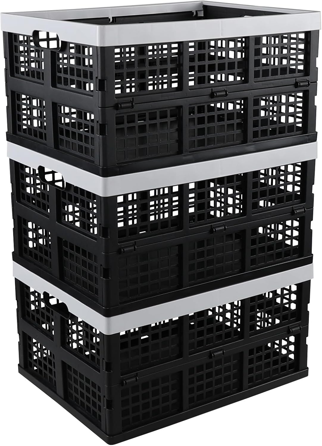 34 L Plastic Collapsible Crates, Folding Storage Crate, 3 Packs | Space-Saving Stackable Crate Basket with Carry Handles, Quick-Fold Design for Home, Garage, Car Trunk