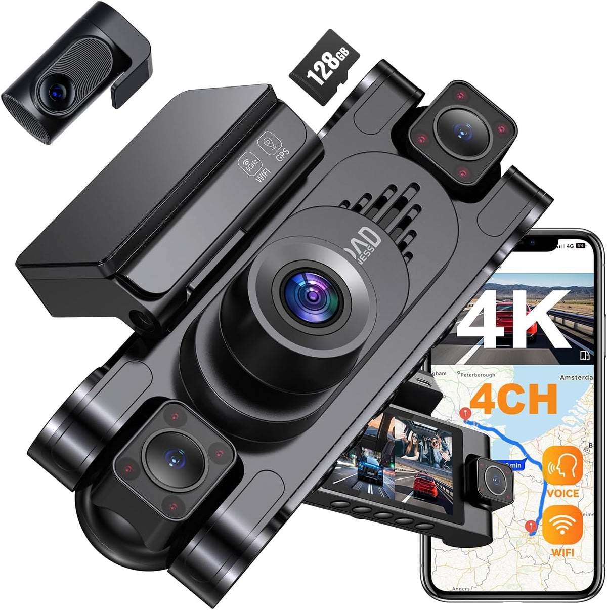4K DashCam for Cars,4 Channel Car Dash Cam Front and Rear Inside with Voice Control,5G WiFi GPS, Night Vision, G Sensor, WDR, 24/7 Parking Mode Free 128G Card Loop Recording (Blue)