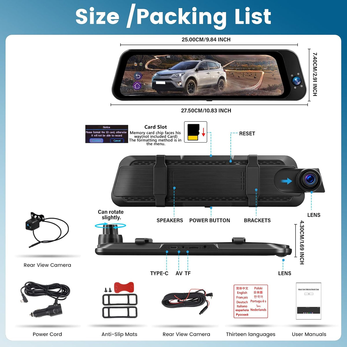 4K Mirror Dash Cam 3 Channel Front, Rear and Inside, with WiFi&APP Control