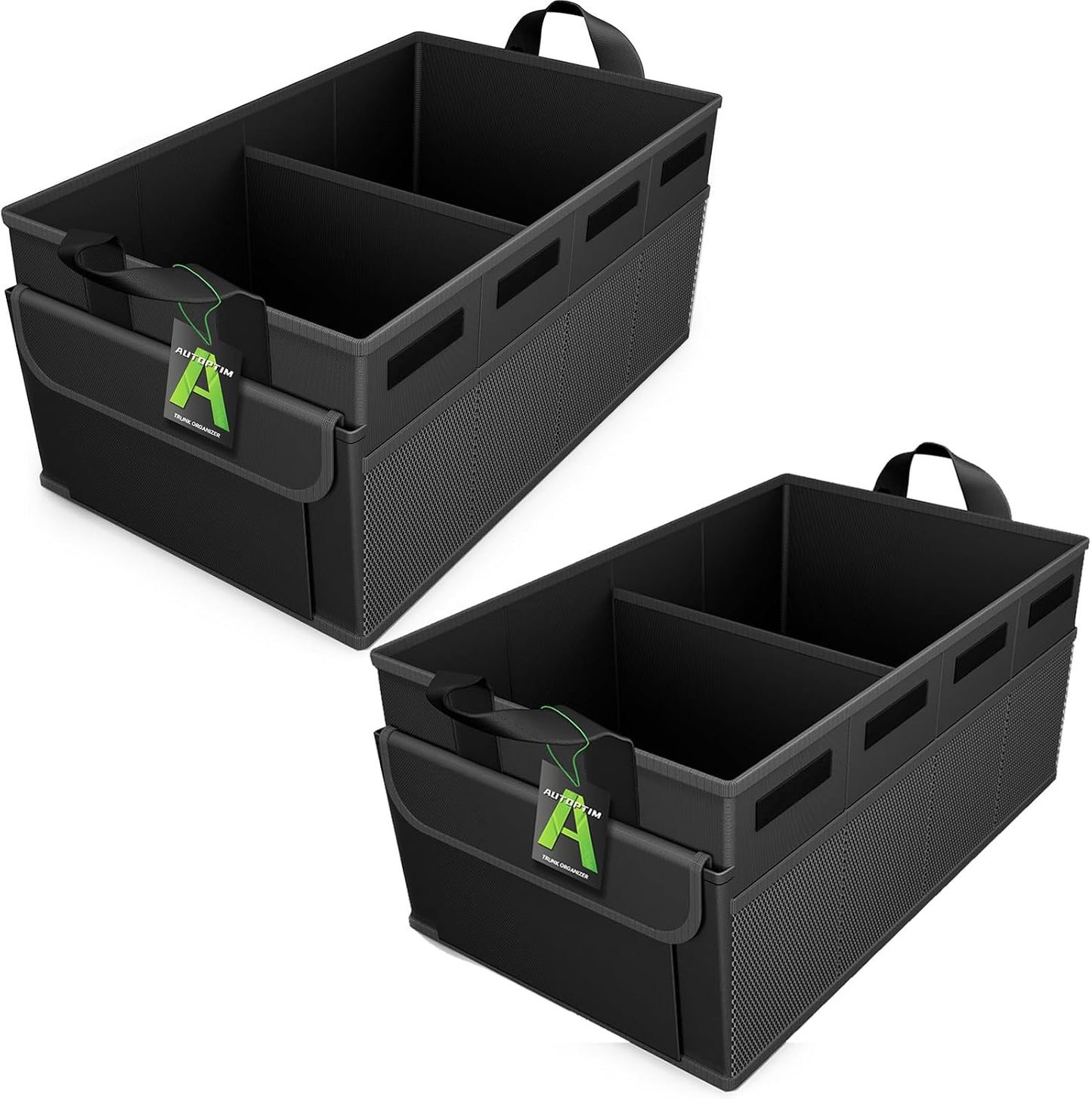 AUTOPTIM Car Trunk Organizer - Collapsible Car Organizer with Non Slip Bottom & Multiple Pockets for Groceries, Trunk Storage with Base Panel for SUV Sedan Van, 2 Compartments (Black, Medium)