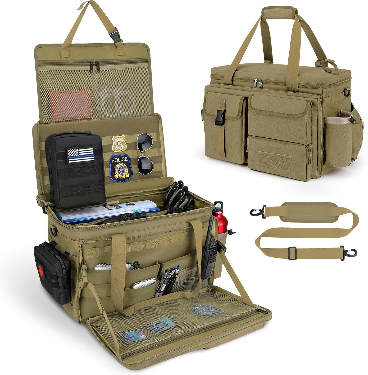 Patrol Bag Law Enforcement Police Gear Bag, Car Front Seat Organizer Tactical Officer Duty Bags, Police Car Accessories for Passenger Seat, Multiple Compartment Molle Webbing Removable Shoulder Strap