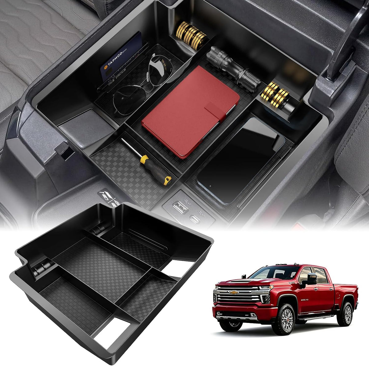 Center Console Organizer, 2PCS Storage Tray Compatible with 2019-2025 Chevy Silverado/GMC Sierra 1500 & 2020-2025 Chevy Silverado/Sierra 2500HD 3500HD (Split-Bench Folding Seat)-Black