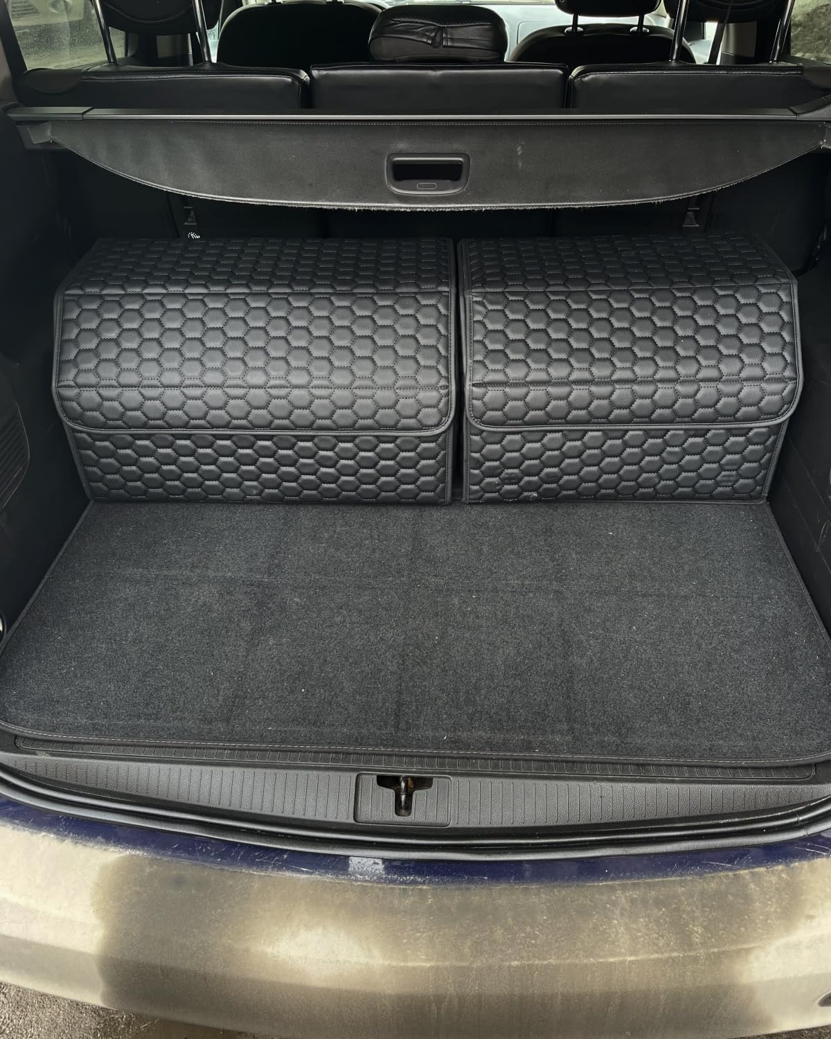 Owleys Car Storage Organizer Bundle - Two Foldable Crates For Groceries, Gear & Trips - Durable SUV And Truck Storage Set - Thoughtful Birthday Gifts For Drivers (Black 17+21)