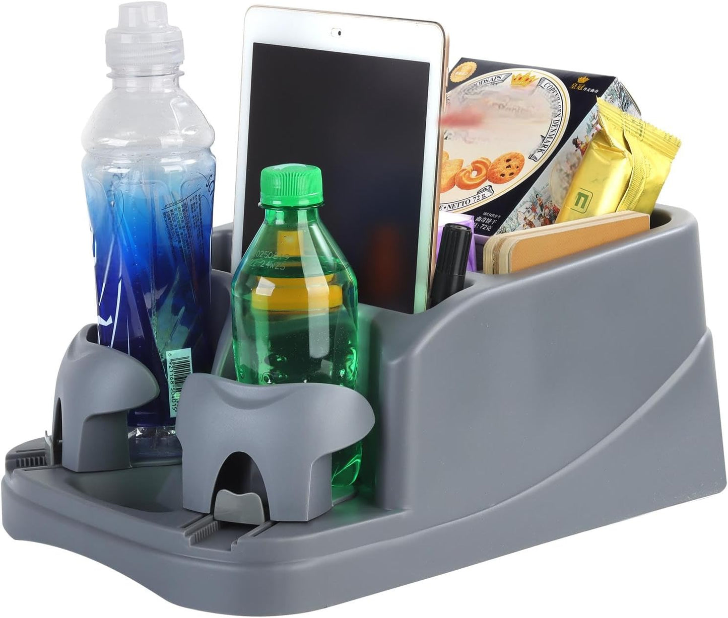 Large Size Plastic Console for Cars, Trucks, Minivans, SUVs with 2 Adjustable Drink Cup Holders Phone Book Holder, Back Bench and Front Seat or Floor Middle Console Universal Vehicle Organizer Black