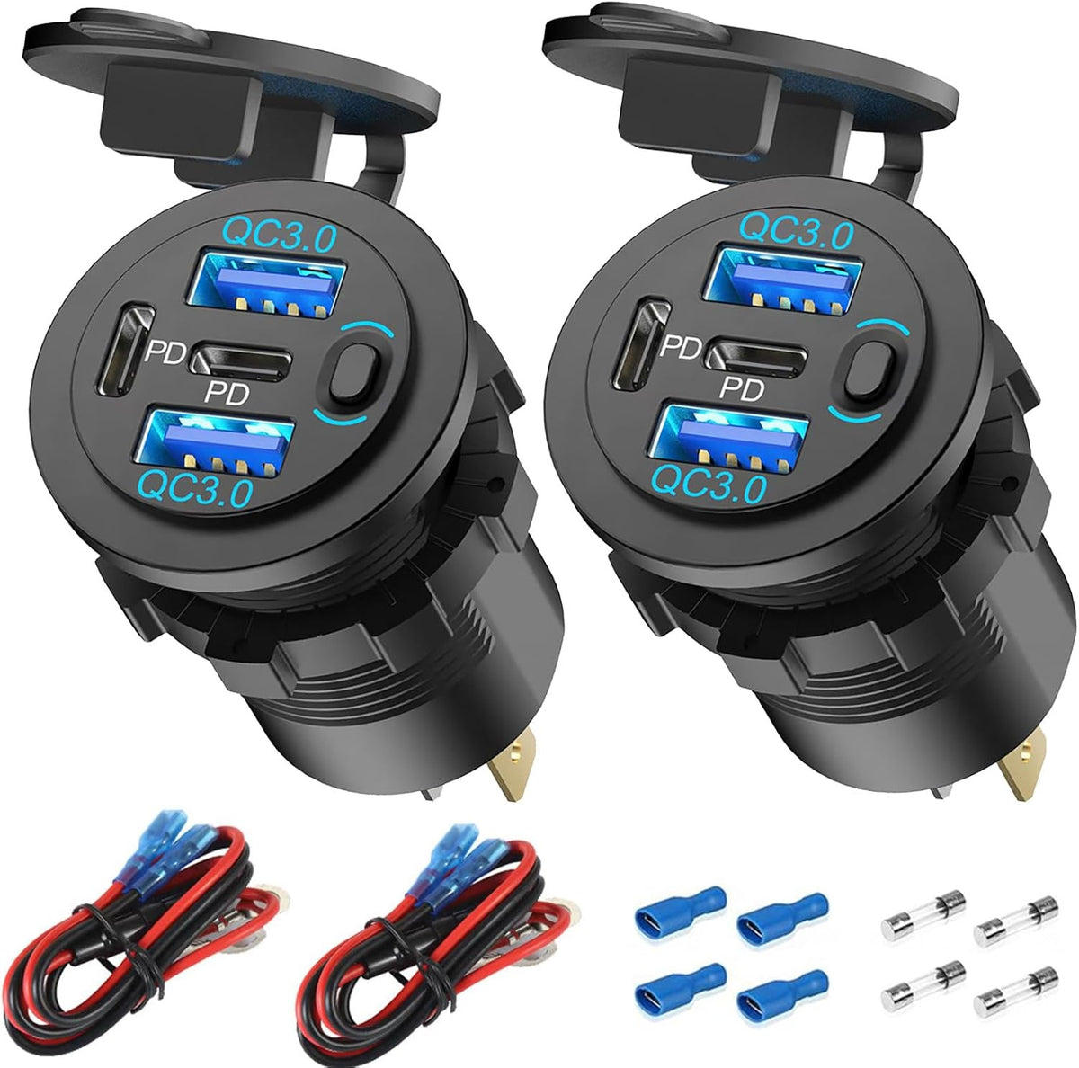 78W 4 Port 12V USB Outlet Car Charger, Super Fast Dual PD3.0 & QC3.0 Multiple USB Port for Car, USB C Cigarette Lighter Replacement 12 Volt Socket Waterproof for Marine Boat Motorcycle RV Golf Cart
