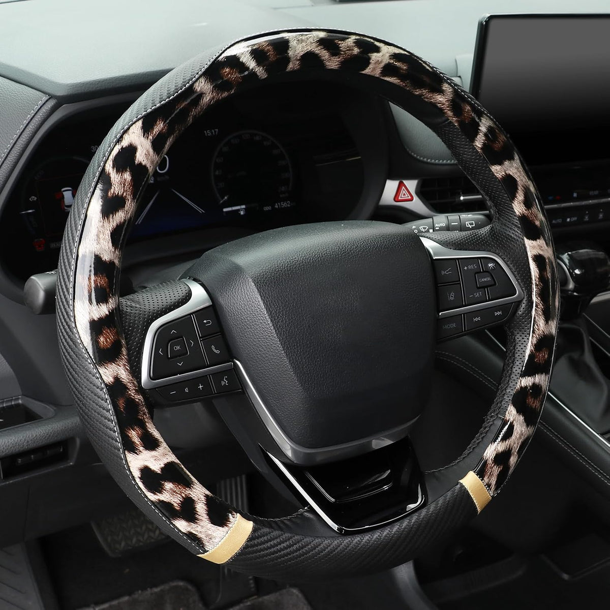 KAFEEK Black Leopard Print Steering Wheel Cover for Women, 15 Inch