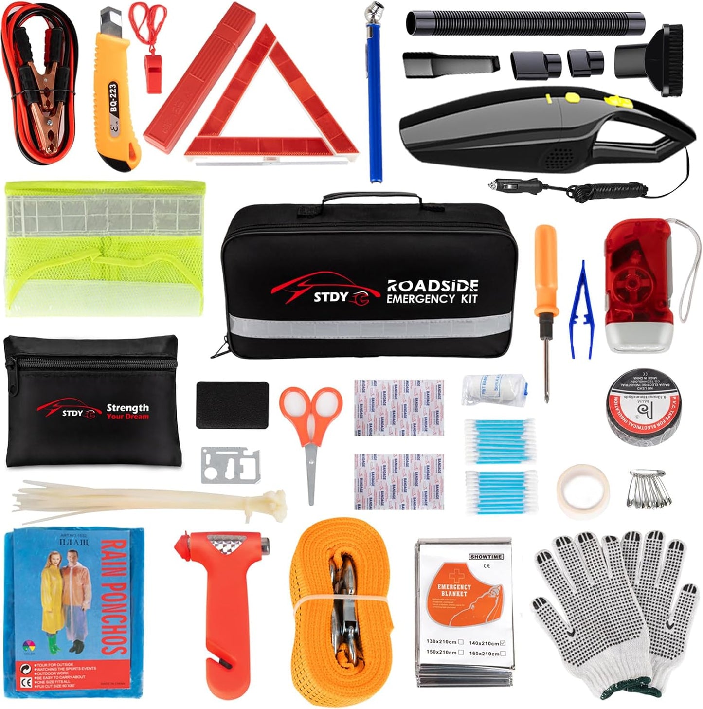 STDY Car Roadside Emergency Kit, Vehicle Truck Safety Road Side Assistance Kits Auto Accessory, with Jumper Cables, Tow Rope, Reflective Triangle, Tire Pressure Gauge, etc