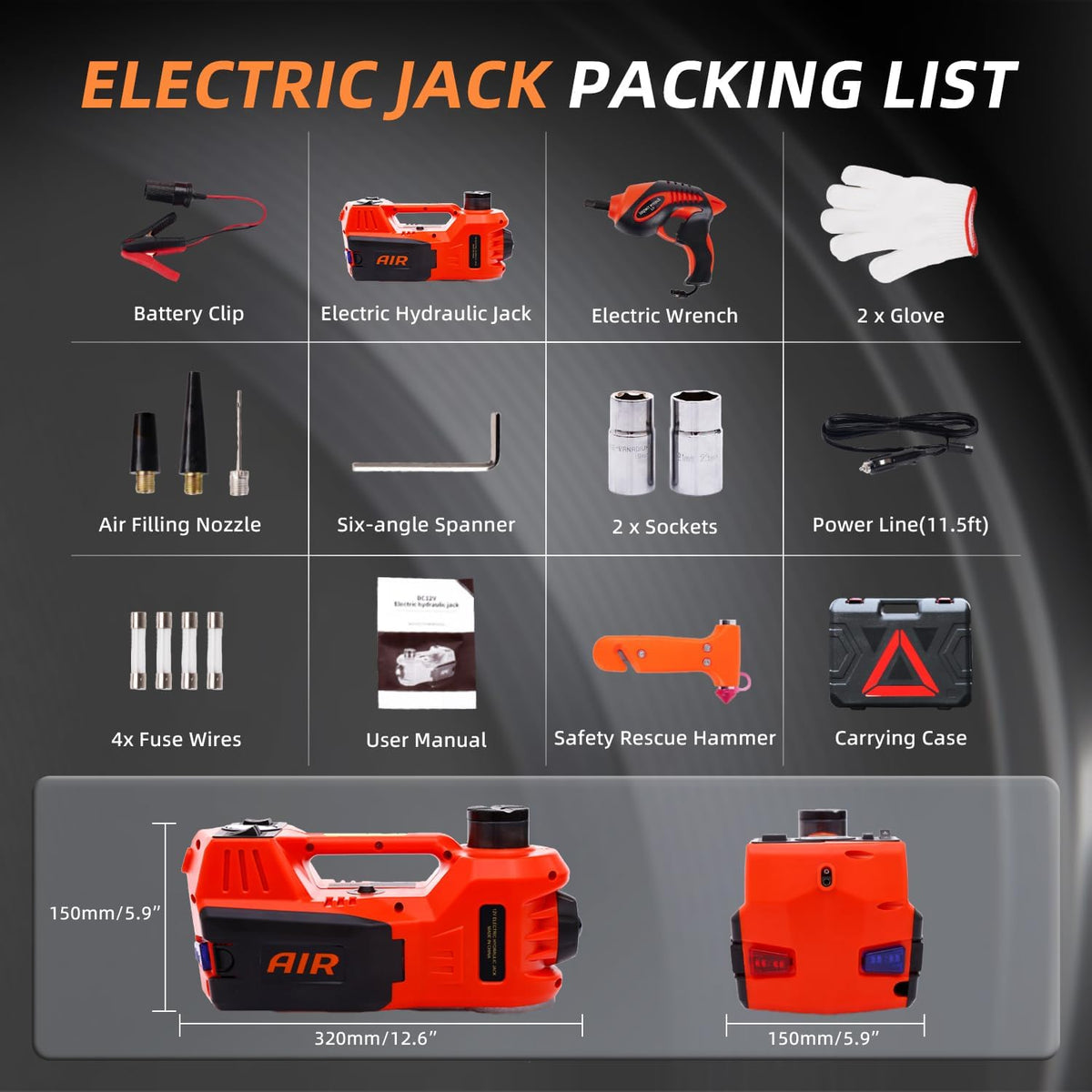 STANDTALL Electric Car Jack Kit 5 Ton 12V Hydraulic, Impact Wrench