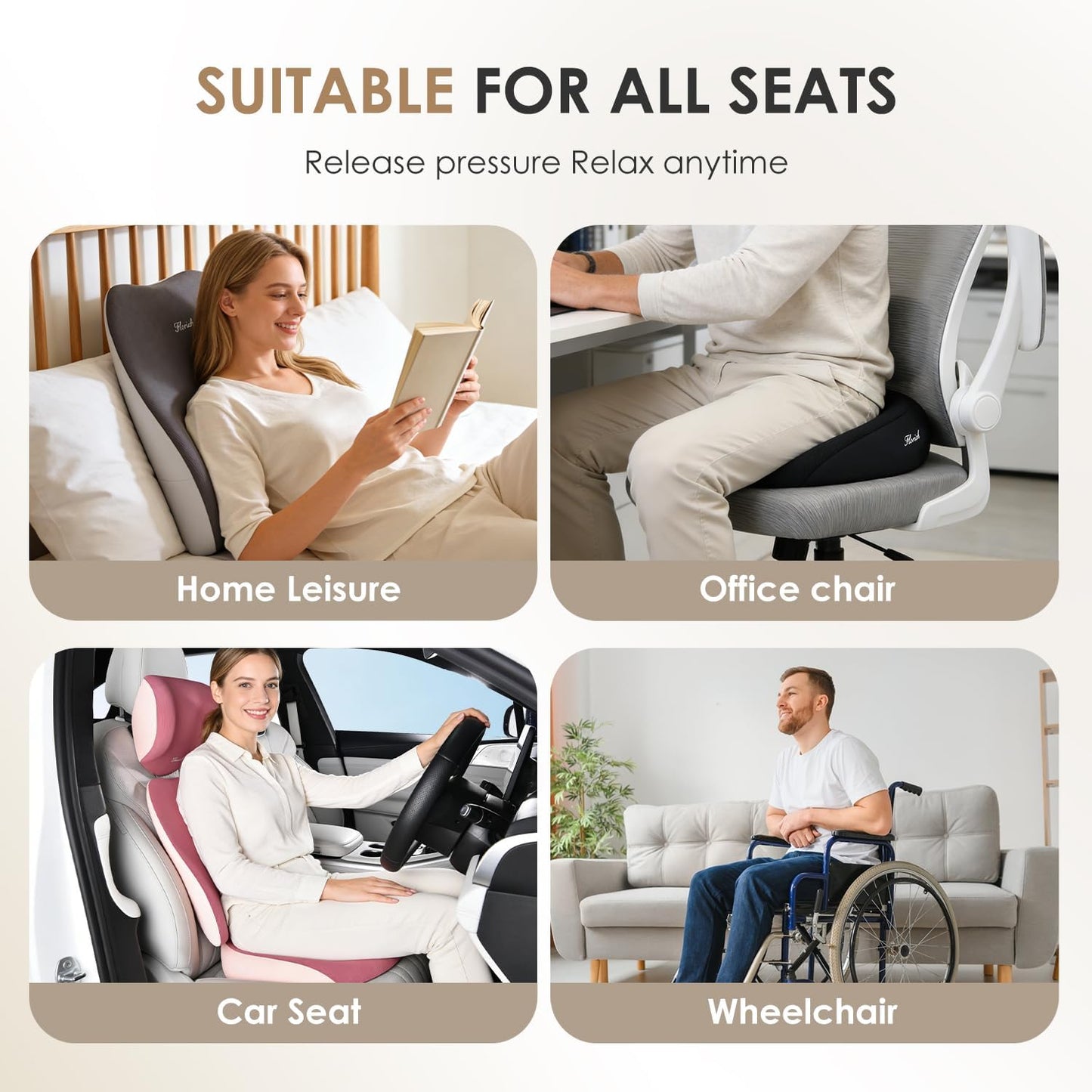 FLORICH Car Seat Cushion & Lumbar Support Pillow & Car Neck Pillow, Ergonomic Memory Foam Driving Seat Cushion for Back & Sciatica Pain Relief, Non-Slip Washable Cushion for Car, Driver, Office-Black