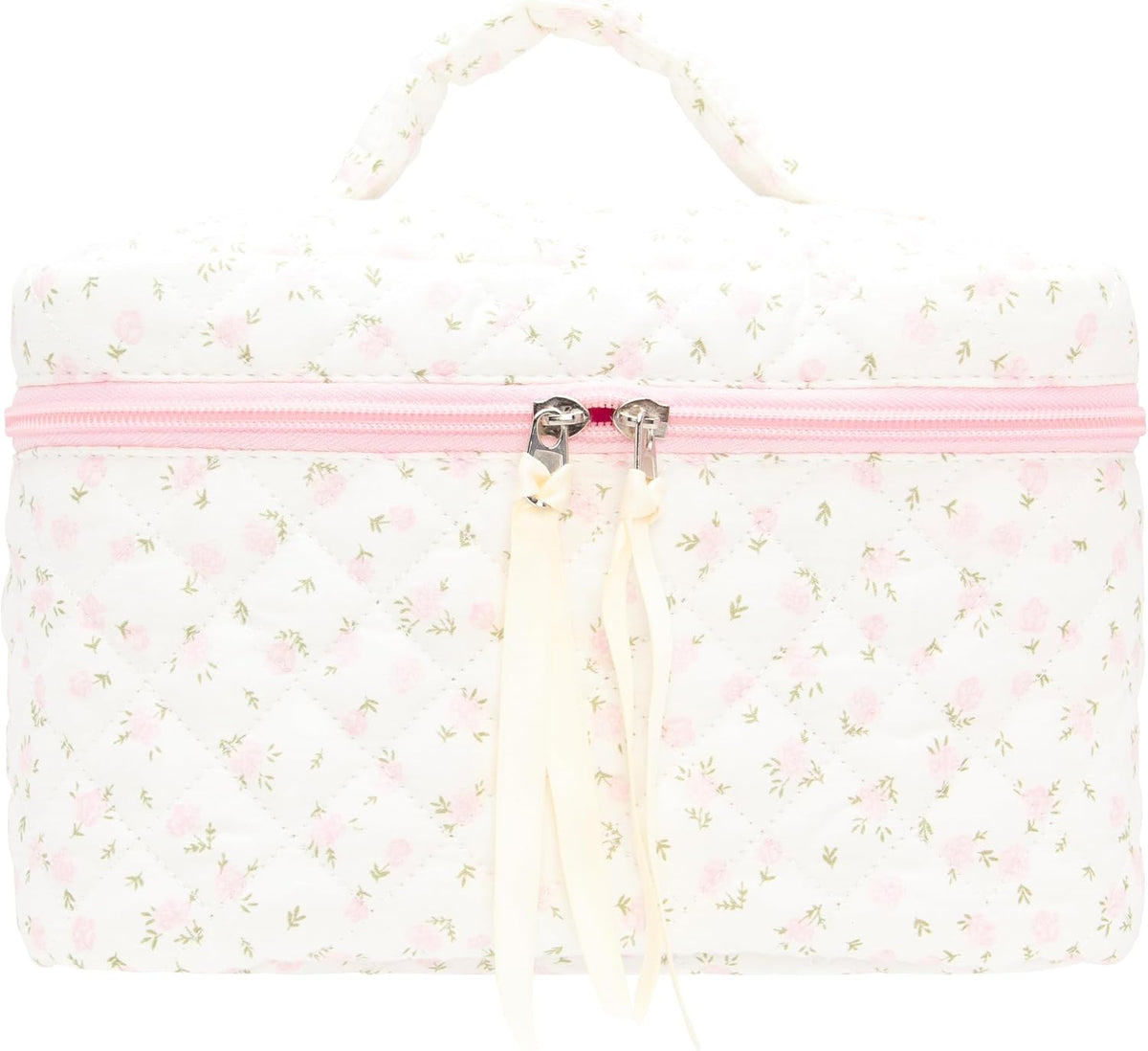 3 Piece Quilted Makeup Bag Set for Women,Cosmetic&Toiletry Bag,Green Flower