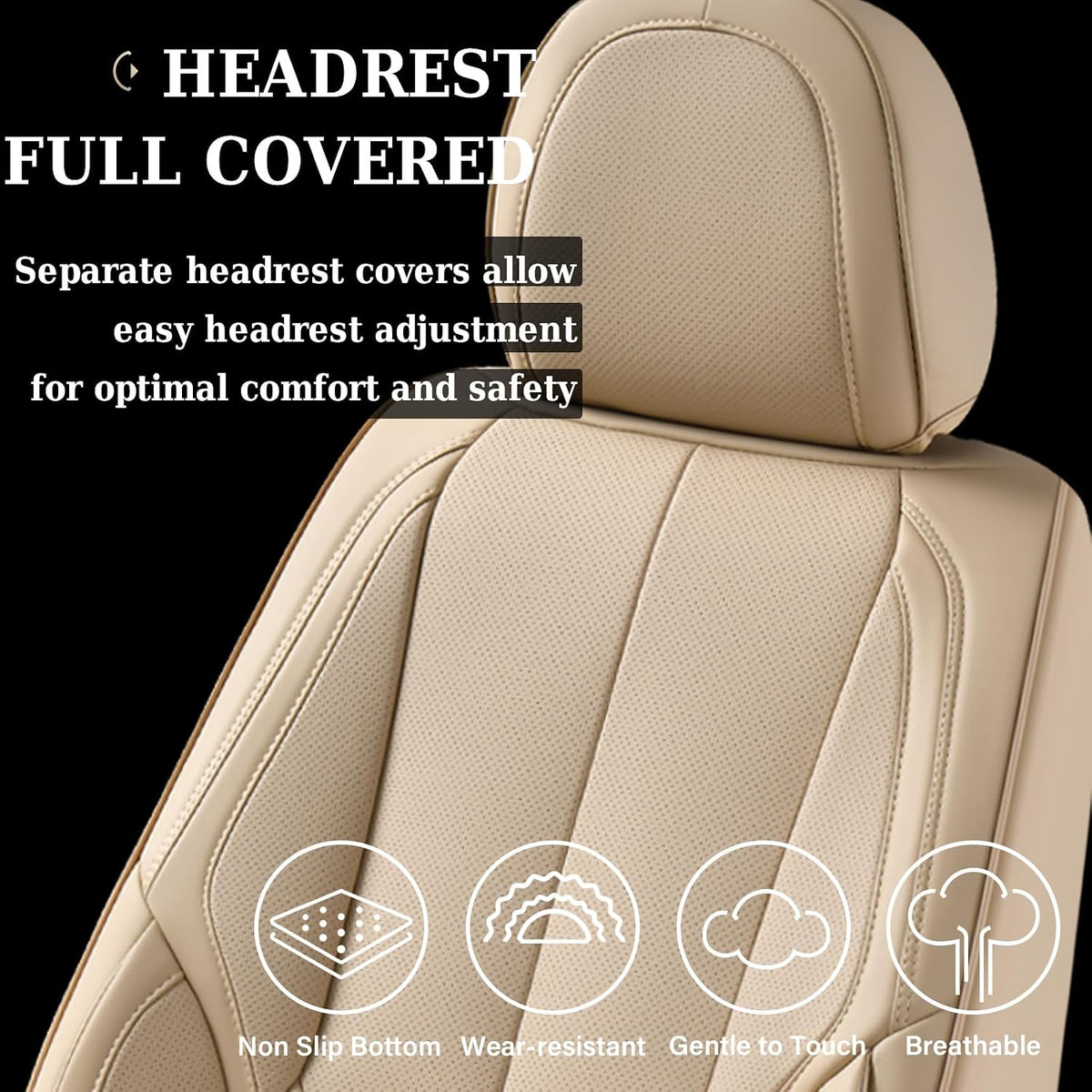 Coverado Car Seat Covers Full Set, Car Seat Protector Waterproof, Nappa Leather Car Seat Cushion, Beige Seat Covers for Cars, Front Seats and Back Universal Fit for Most Cars