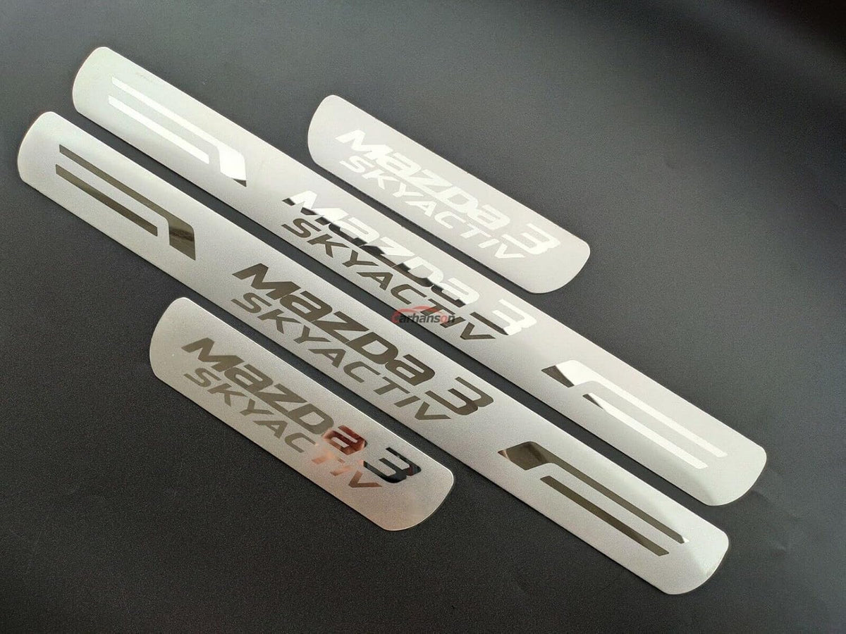Door Sill Protector for Mazda 3, 2008-2022, 4pcs Set, Stainless Steel and Rubber, Vehicle Specific Fit