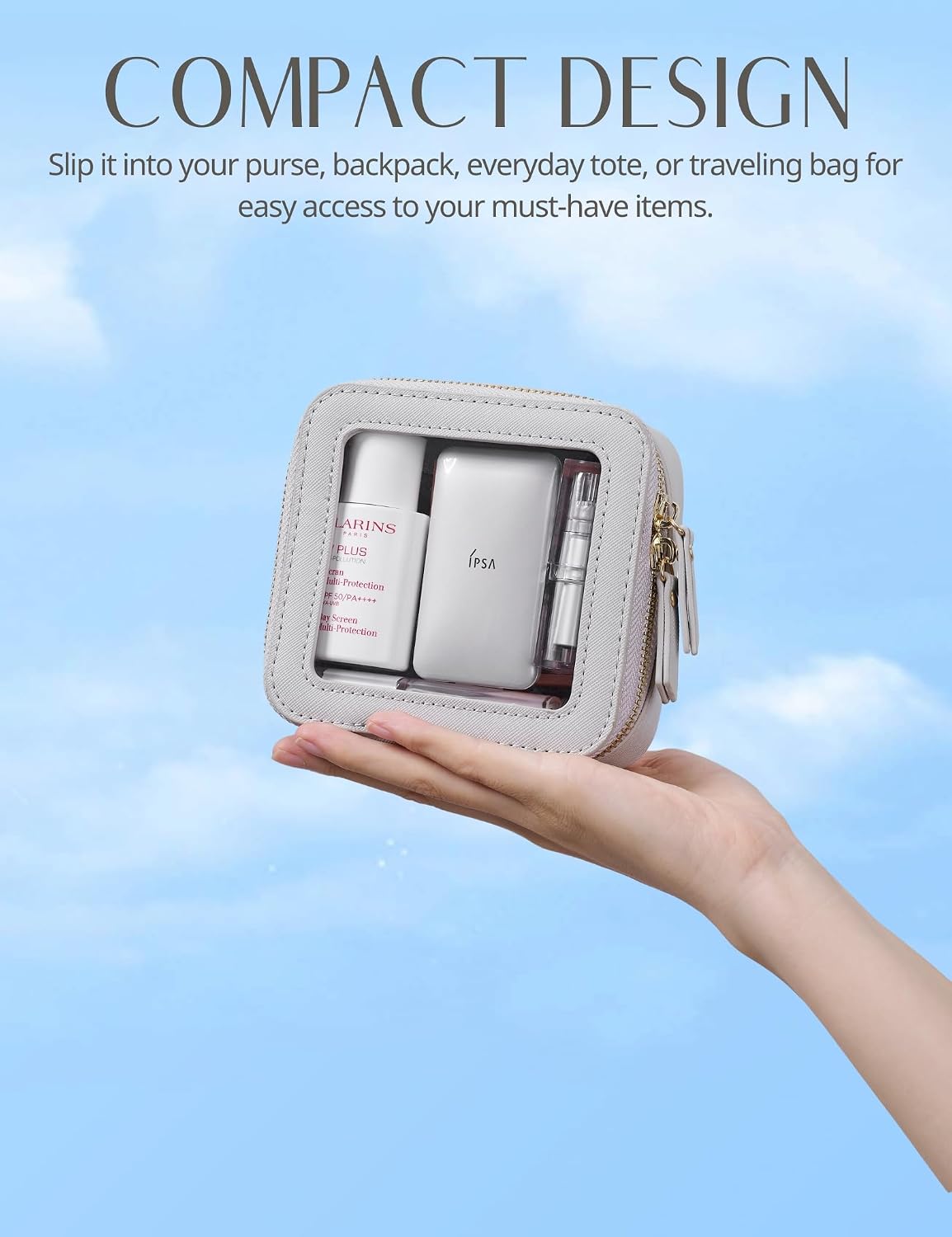 Popvibe Clear Makeup Case Toiletry Bag Travel Medium Clear Cosmetic Bag with Zipper, Make Up Bag Organizer Traveling TSA Approved Transparent Bag Car for Essentials, Mini & Medium, Beige Grey