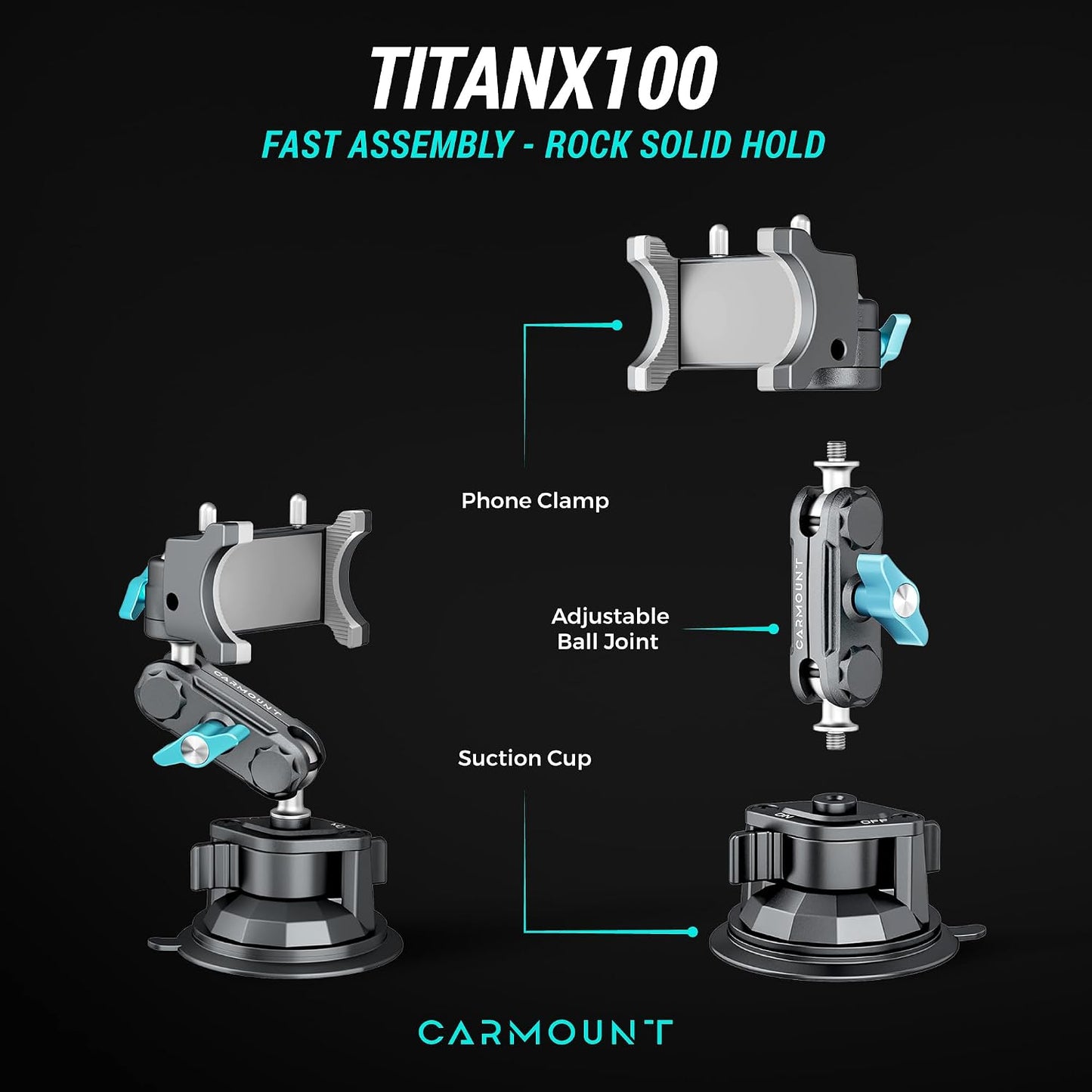CARMOUNT TitanX100 – Suction Cup Phone Mount for Car & Truck – Heavy Duty Metal Phone Holder, Windshield Phone Mount for iPhone, Android, GPS & All Devices