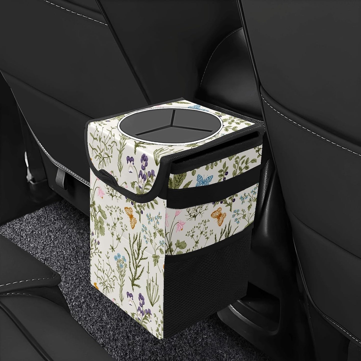 Car Trash Can with Lid Vintage Botanical Wildflowers Collapsible Reusable Leak-Proof Auto Garage Bag,Hanging Vehicle Car Accessories Interior Car Organizer
